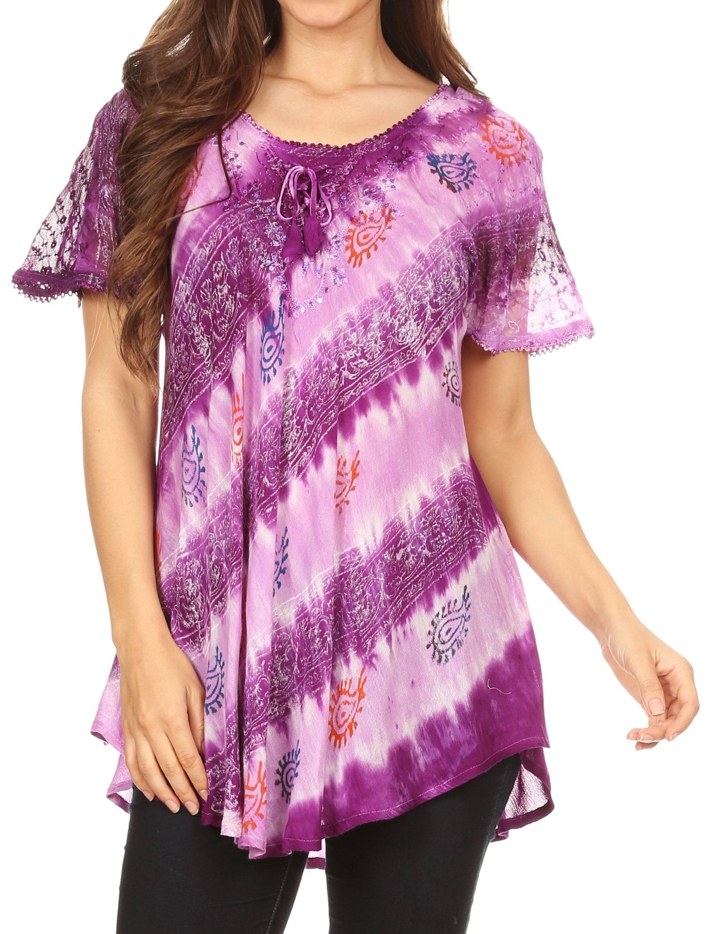 Sakkas Flavia Womens Everyday Blouse Top with Tie-dye & Block Print Light and Soft - Concordia Style Boutique