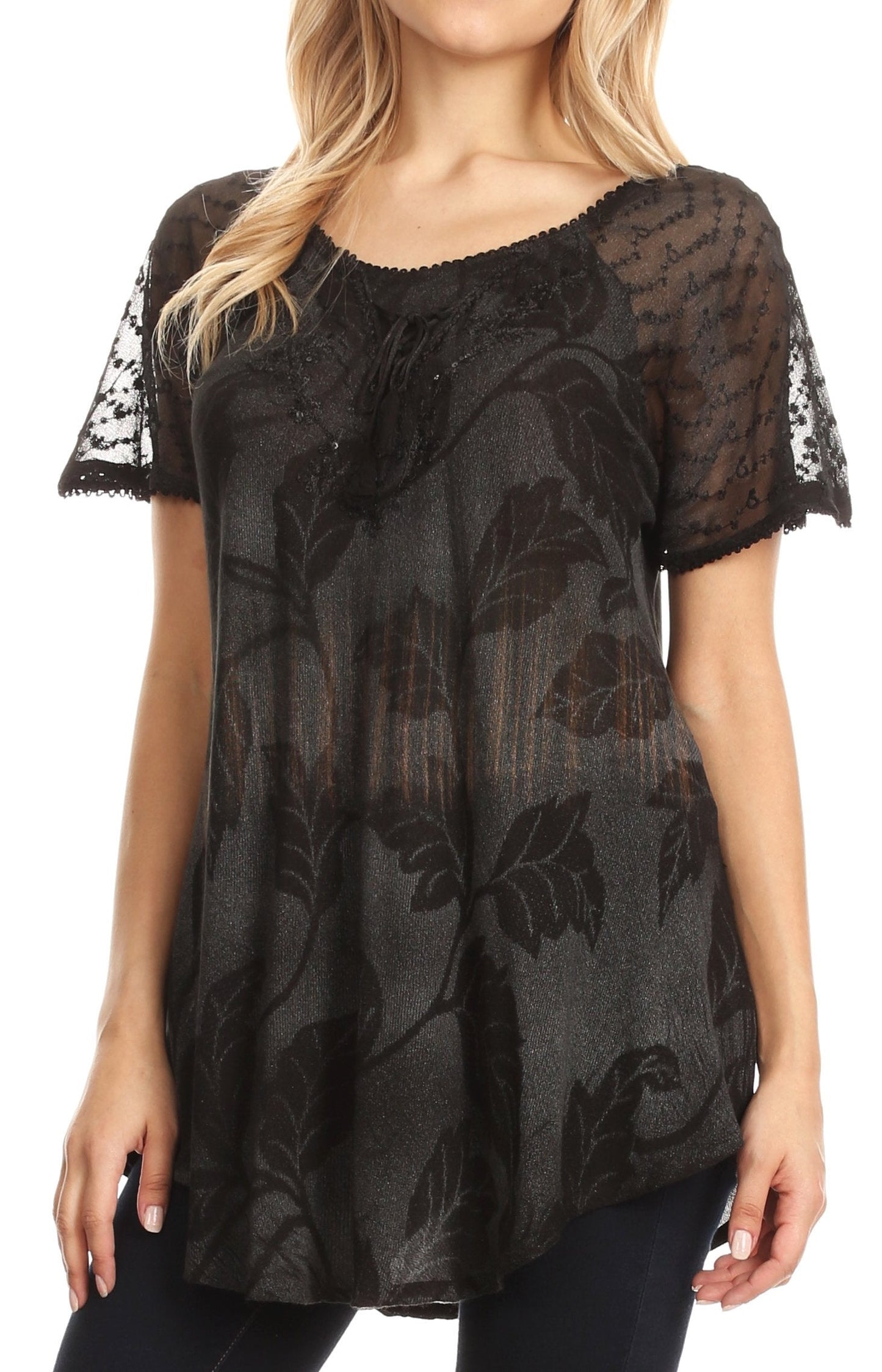 Sakkas Parisa Casual Summer Short Sleeve Top Blouse with Corset and Embroidery - Concordia Style Boutique