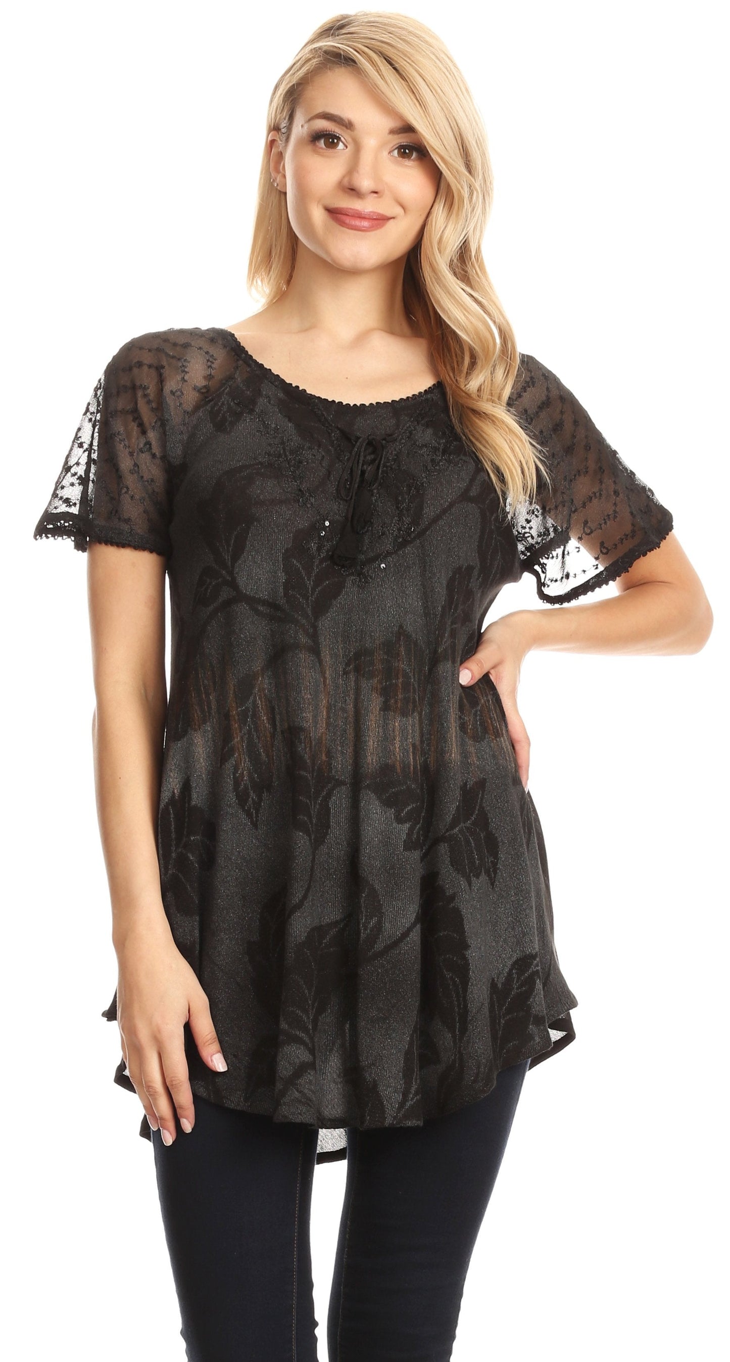 Sakkas Parisa Casual Summer Short Sleeve Top Blouse with Corset and Embroidery - Concordia Style Boutique