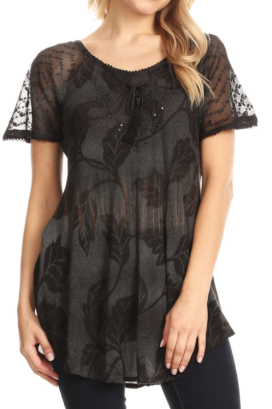 Sakkas Parisa Casual Summer Short Sleeve Top Blouse with Corset and Embroidery - Concordia Style Boutique