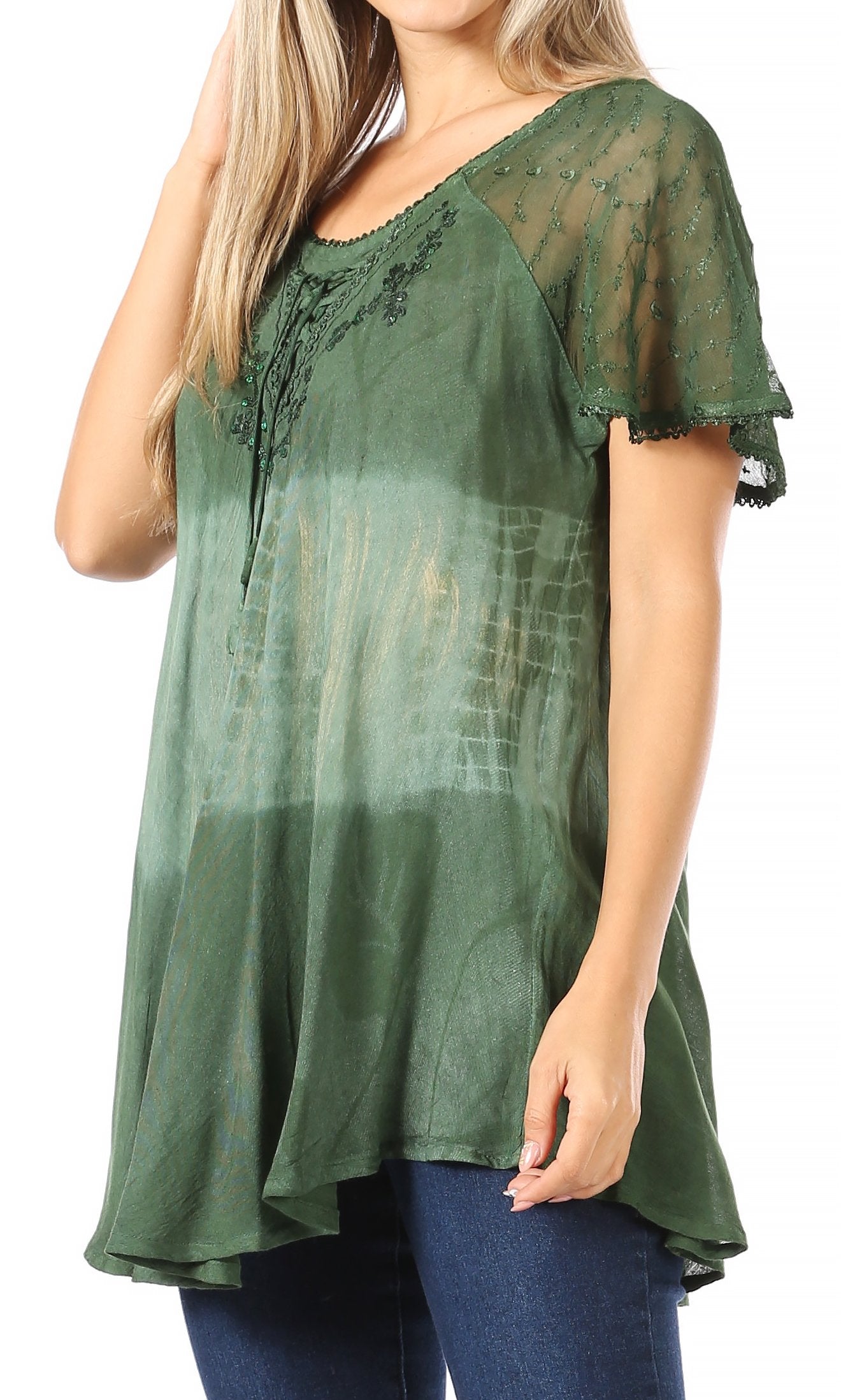 Sakkas Parisa Casual Summer Short Sleeve Top Blouse with Corset and Embroidery - Concordia Style Boutique