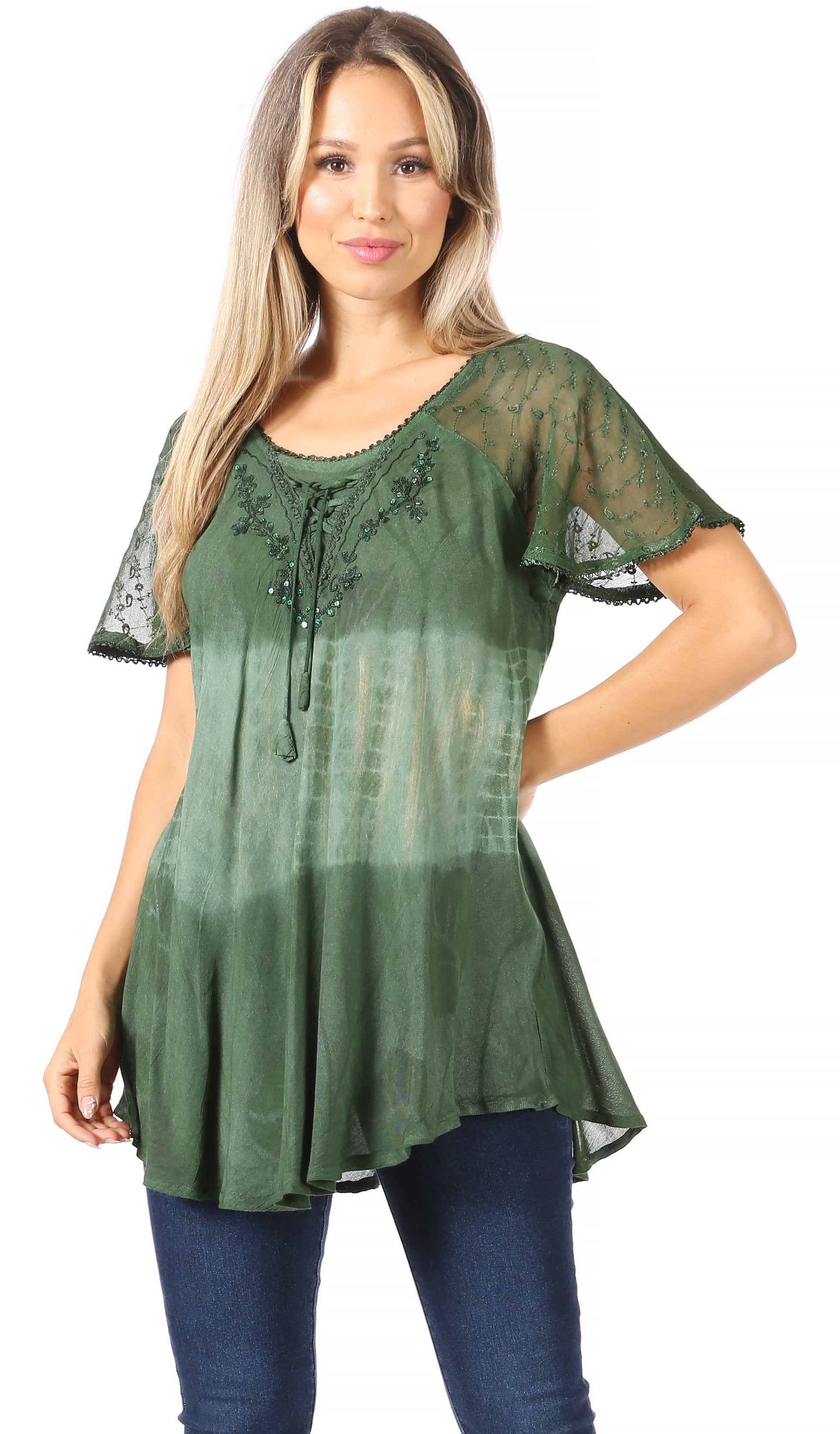 Sakkas Parisa Casual Summer Short Sleeve Top Blouse with Corset and Embroidery - Concordia Style Boutique