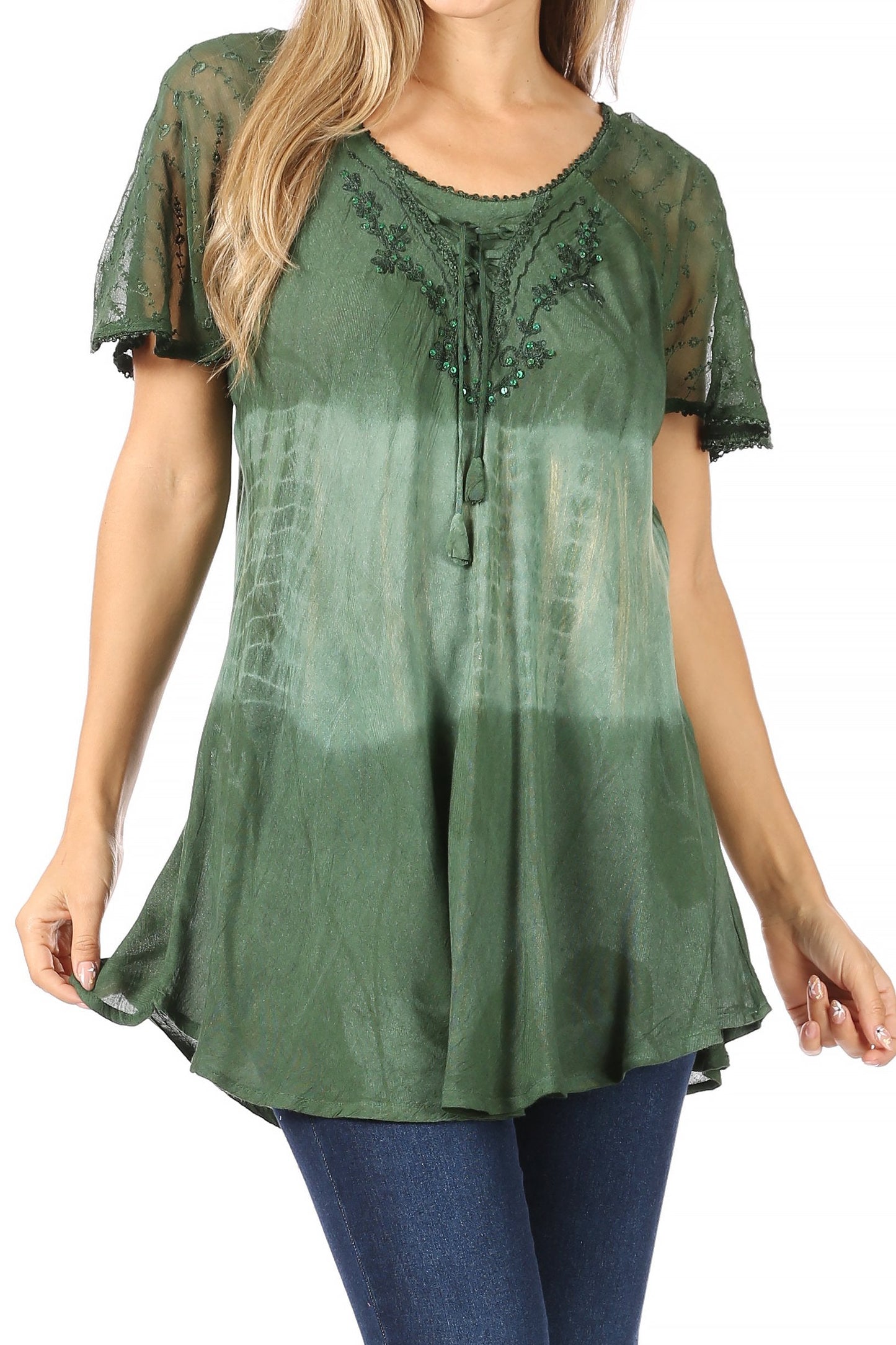 Sakkas Parisa Casual Summer Short Sleeve Top Blouse with Corset and Embroidery - Concordia Style Boutique