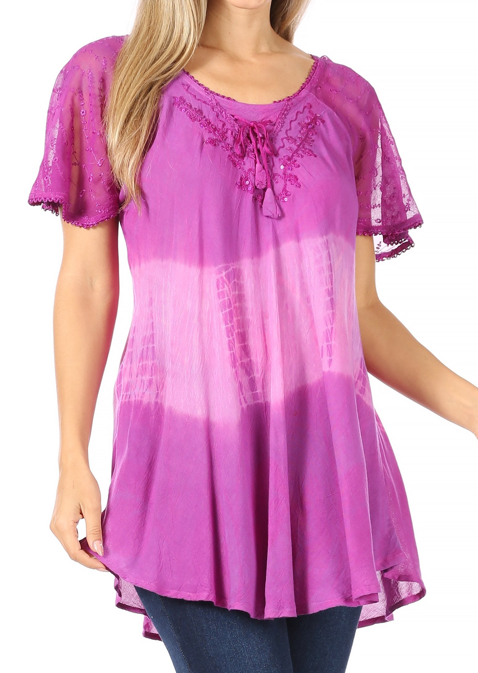 Sakkas Parisa Casual Summer Short Sleeve Top Blouse with Corset and Embroidery - Concordia Style Boutique