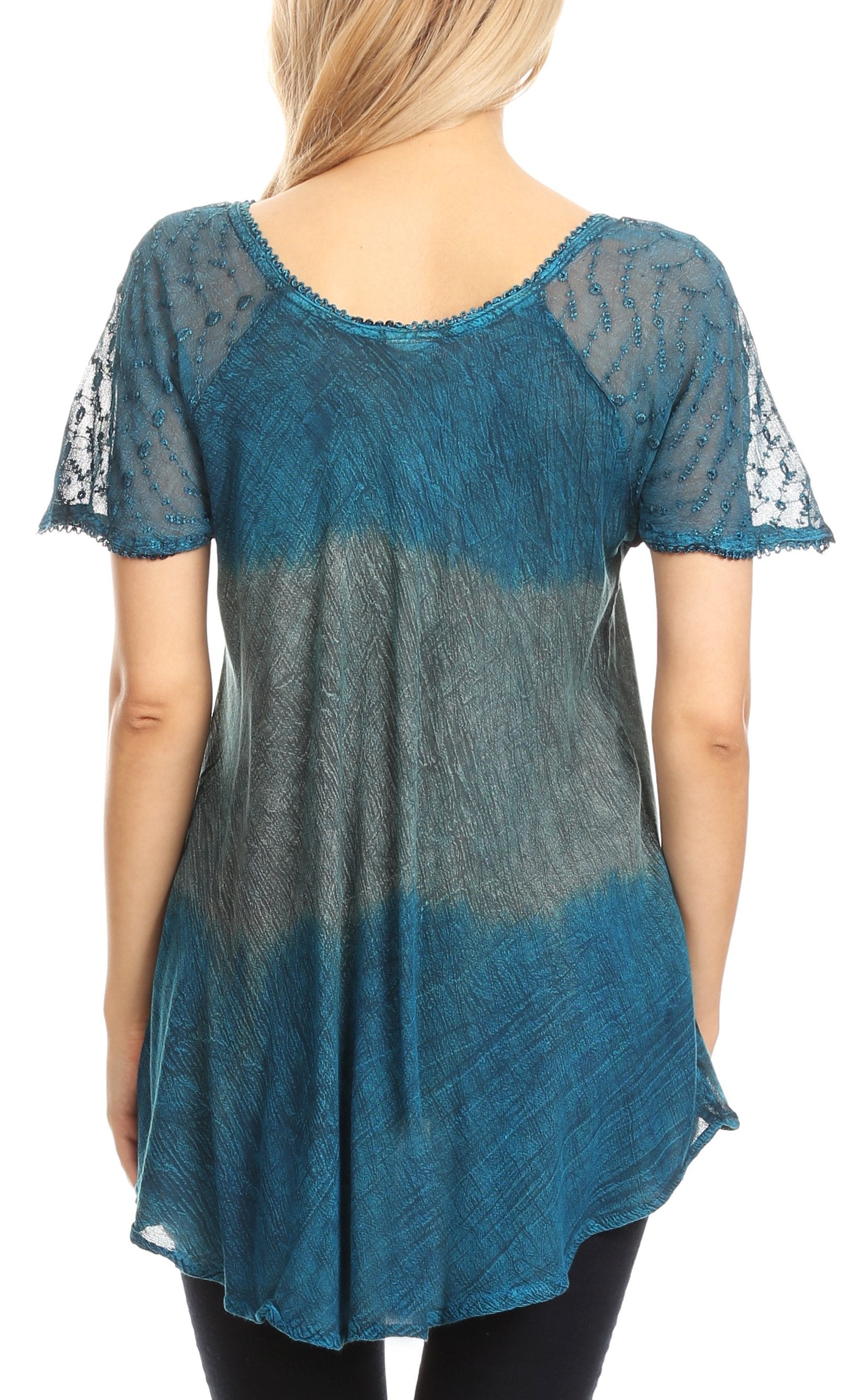 Sakkas Lily Casual Everyday Summer Short Sleeve Top Blouse with Block Print & Lace - Concordia Style Boutique