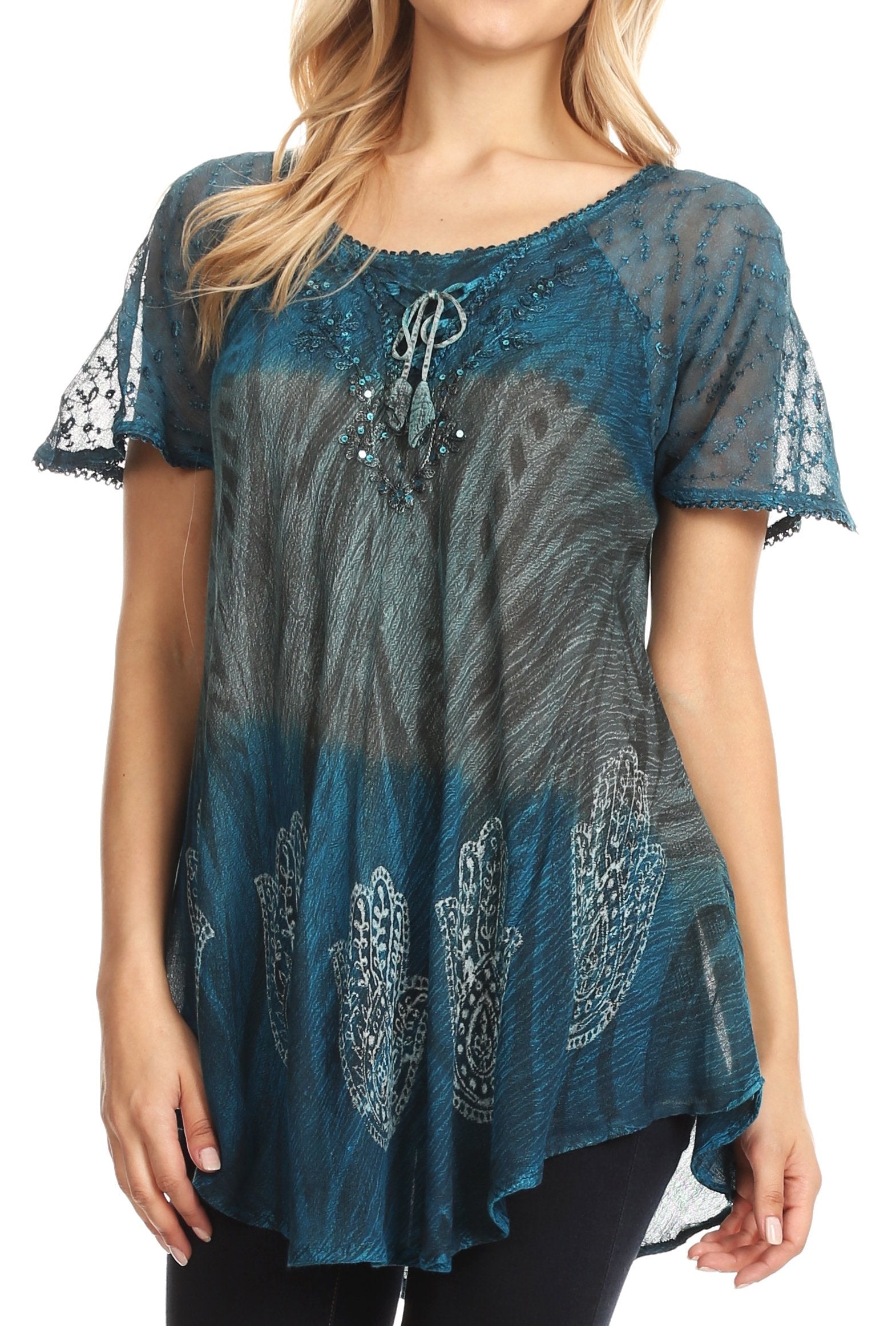 Sakkas Lily Casual Everyday Summer Short Sleeve Top Blouse with Block Print & Lace - Concordia Style Boutique