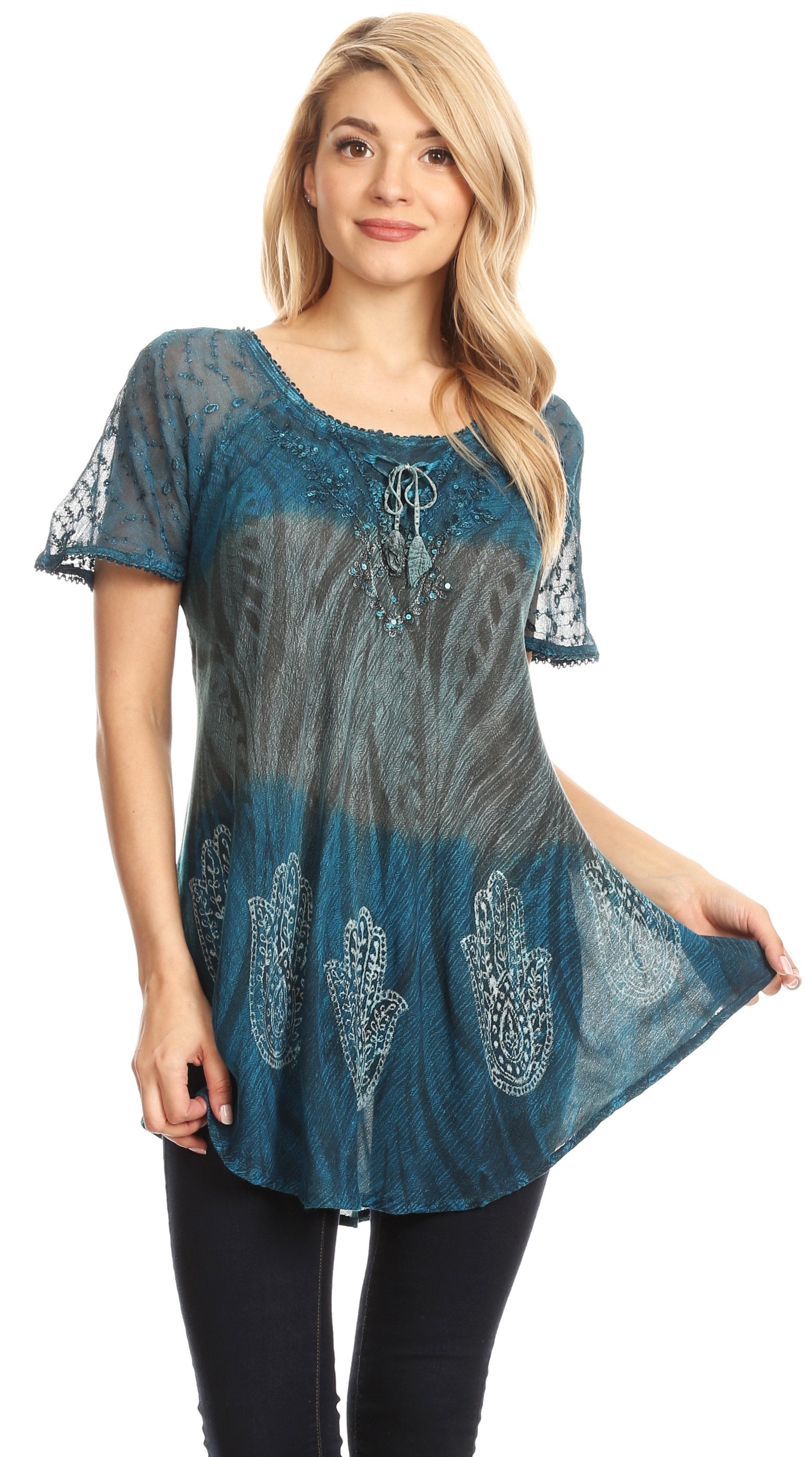 Sakkas Lily Casual Everyday Summer Short Sleeve Top Blouse with Block Print & Lace - Concordia Style Boutique