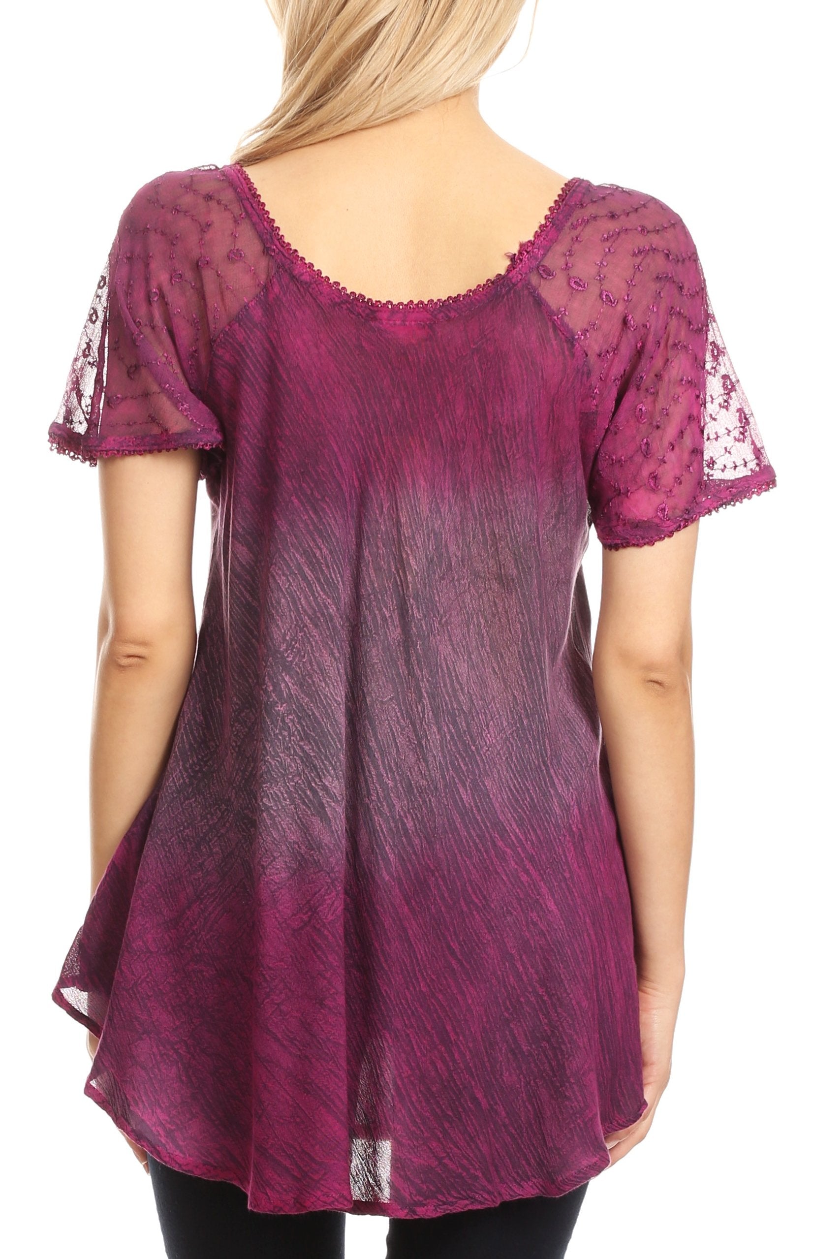 Sakkas Lily Casual Everyday Summer Short Sleeve Top Blouse with Block Print & Lace - Concordia Style Boutique