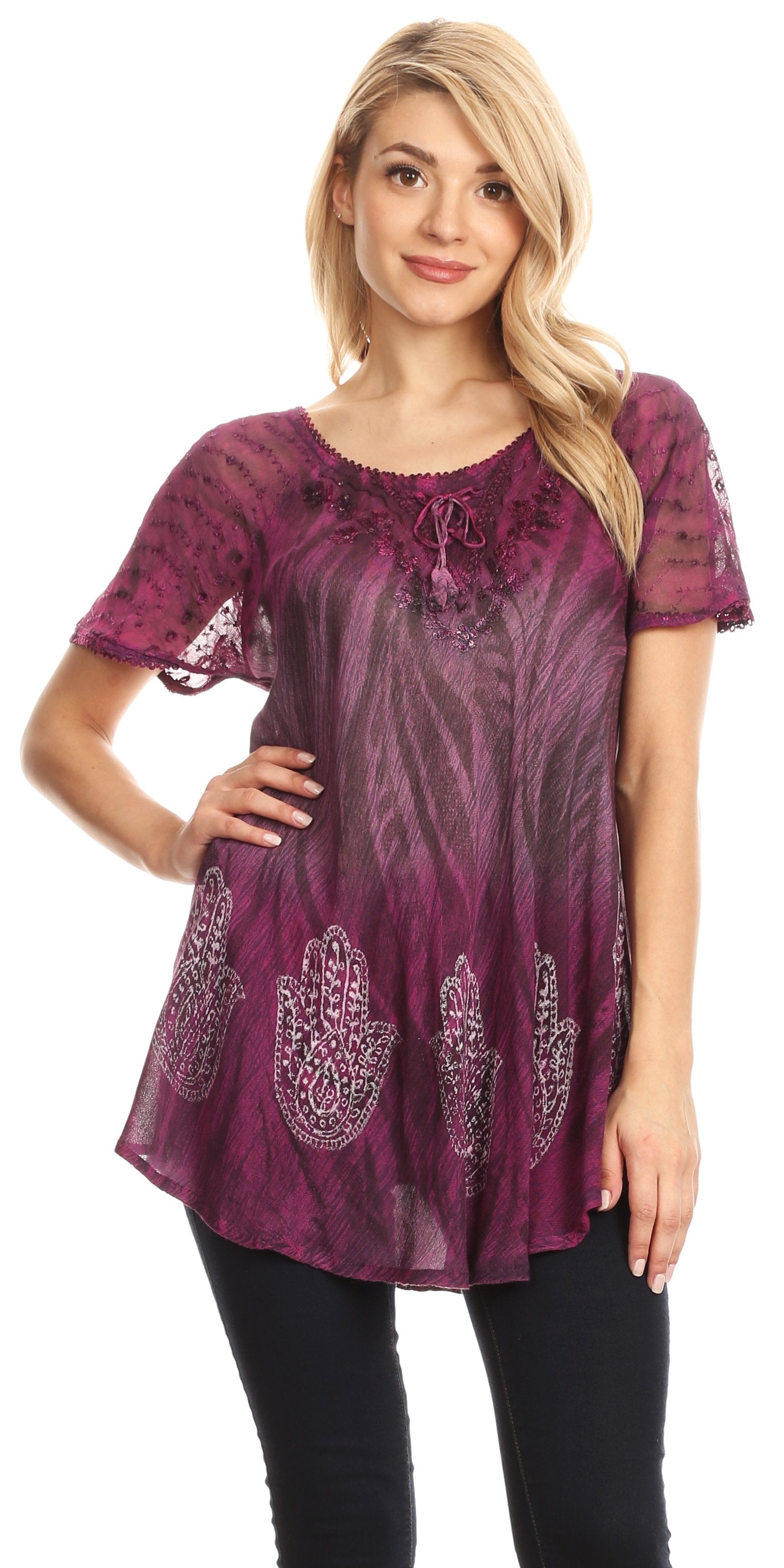 Sakkas Lily Casual Everyday Summer Short Sleeve Top Blouse with Block Print & Lace - Concordia Style Boutique