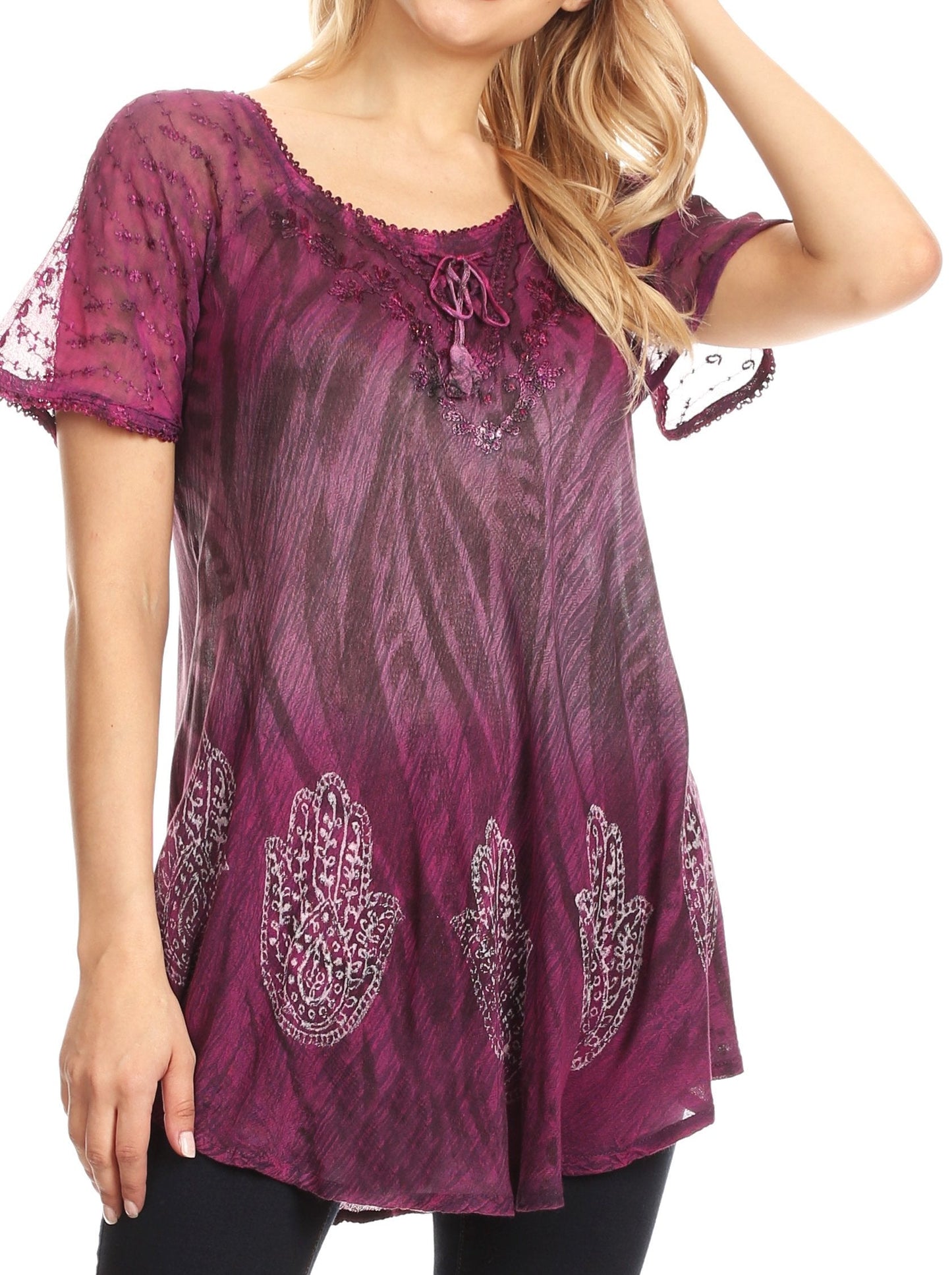 Sakkas Lily Casual Everyday Summer Short Sleeve Top Blouse with Block Print & Lace - Concordia Style Boutique