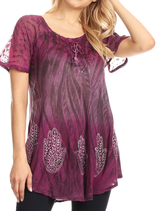 Sakkas Lily Casual Everyday Summer Short Sleeve Top Blouse with Block Print & Lace - Concordia Style Boutique