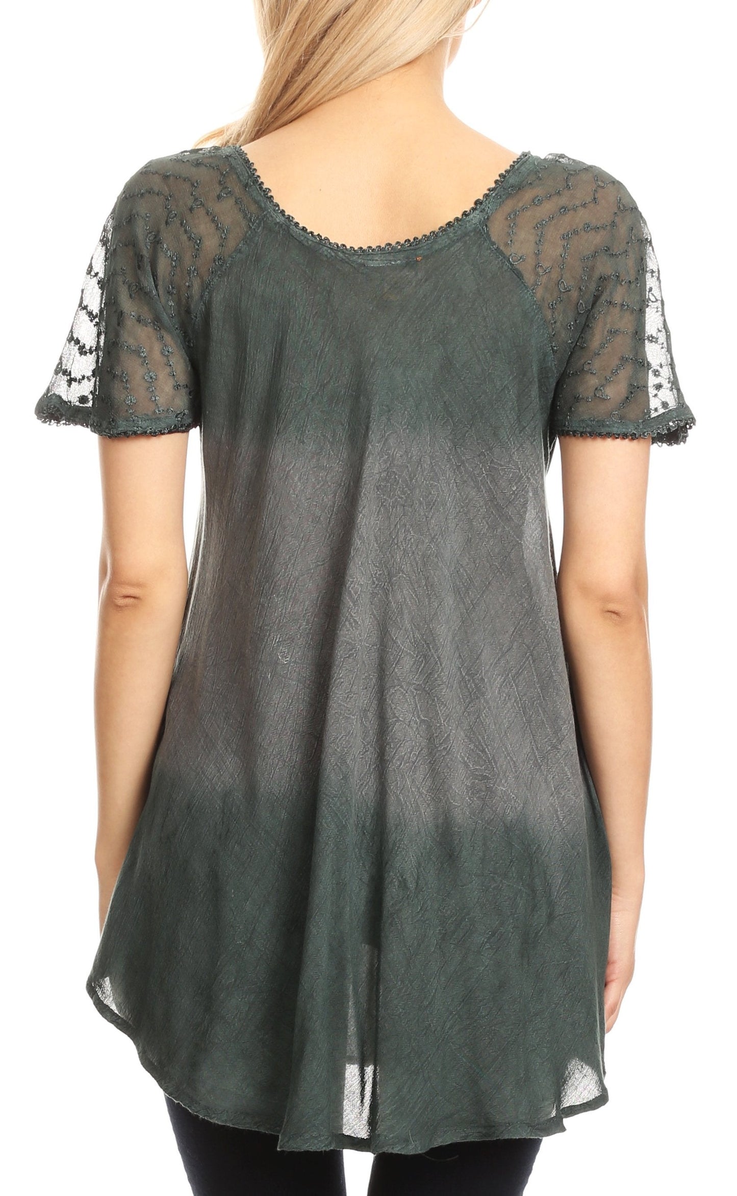 Sakkas Lily Casual Everyday Summer Short Sleeve Top Blouse with Block Print & Lace - Concordia Style Boutique