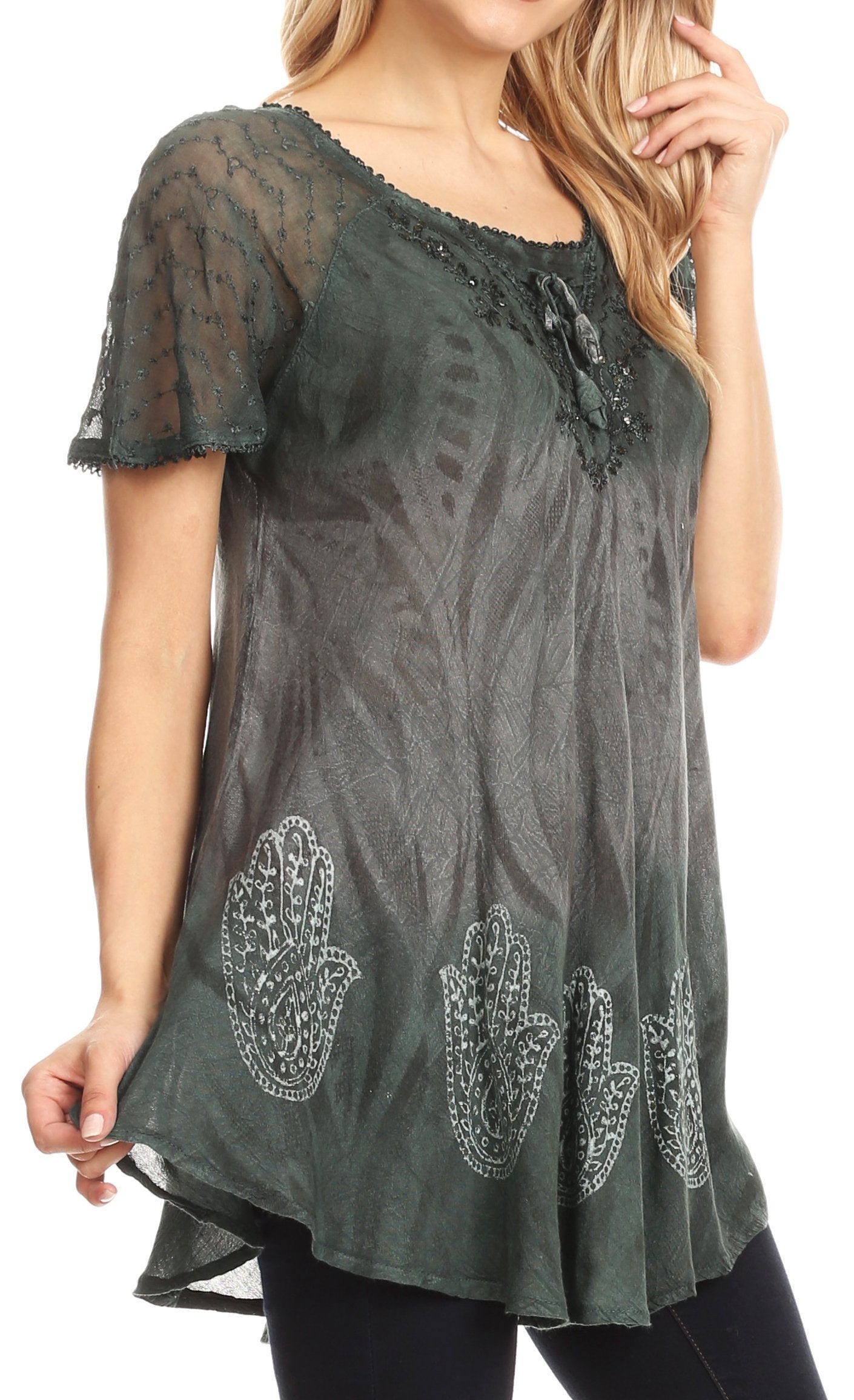 Sakkas Lily Casual Everyday Summer Short Sleeve Top Blouse with Block Print & Lace - Concordia Style Boutique