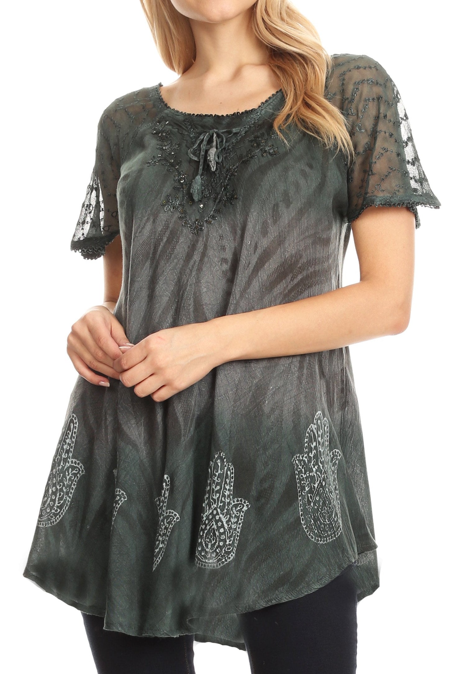 Sakkas Lily Casual Everyday Summer Short Sleeve Top Blouse with Block Print & Lace - Concordia Style Boutique