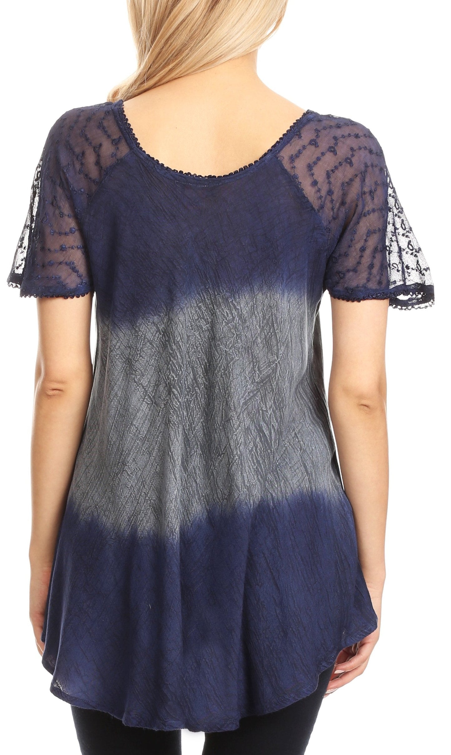 Sakkas Lily Casual Everyday Summer Short Sleeve Top Blouse with Block Print & Lace - Concordia Style Boutique