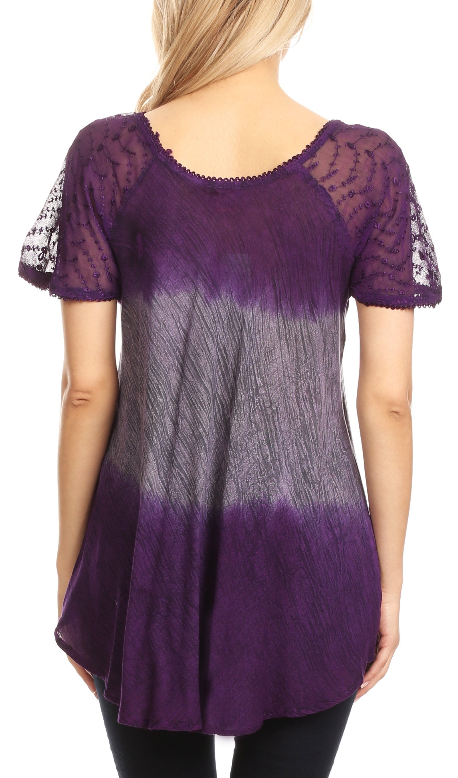 Sakkas Lily Casual Everyday Summer Short Sleeve Top Blouse with Block Print & Lace - Concordia Style Boutique