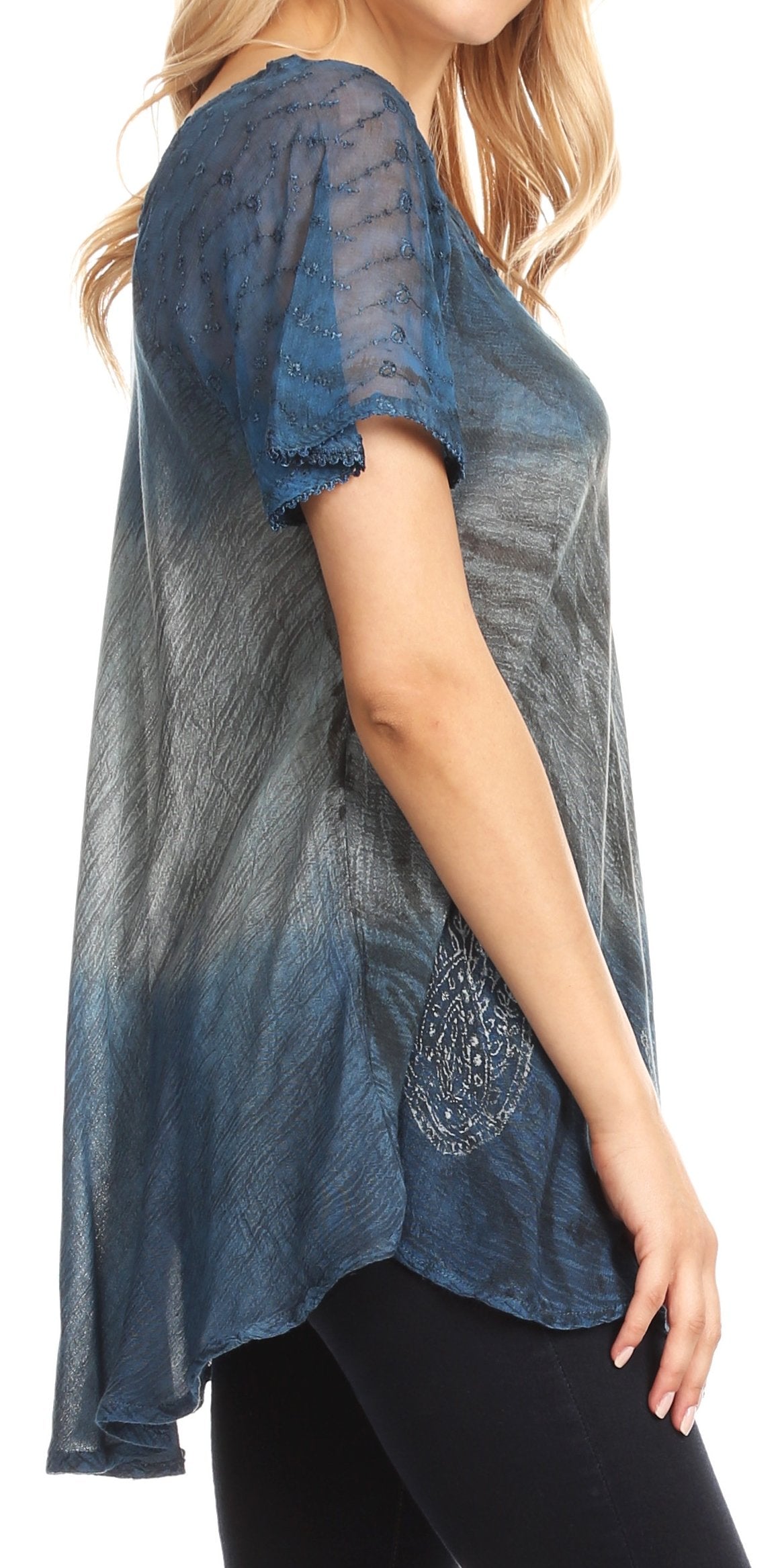 Sakkas Lily Casual Everyday Summer Short Sleeve Top Blouse with Block Print & Lace - Concordia Style Boutique
