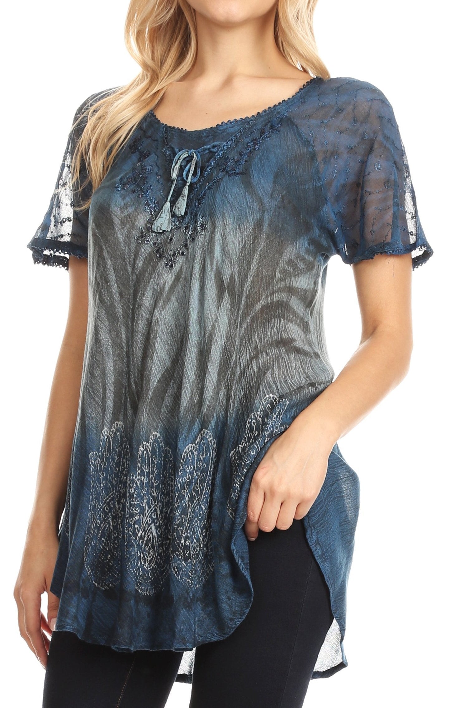 Sakkas Lily Casual Everyday Summer Short Sleeve Top Blouse with Block Print & Lace - Concordia Style Boutique