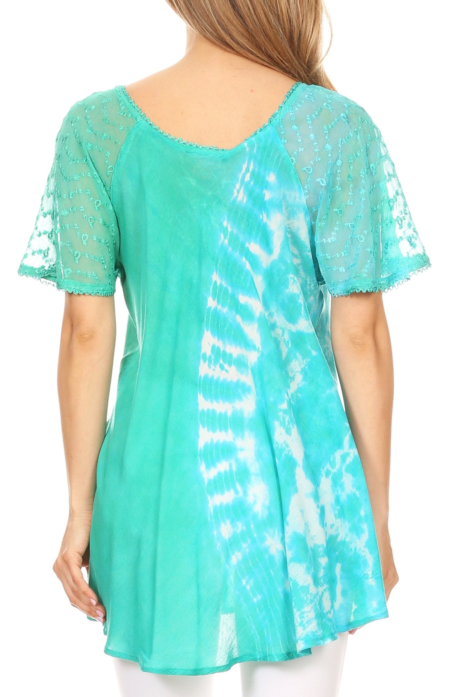 Sakkas Iris Womens Tie-dye Short Sleeve Blouse Top with Corset and Embroidery - Concordia Style Boutique