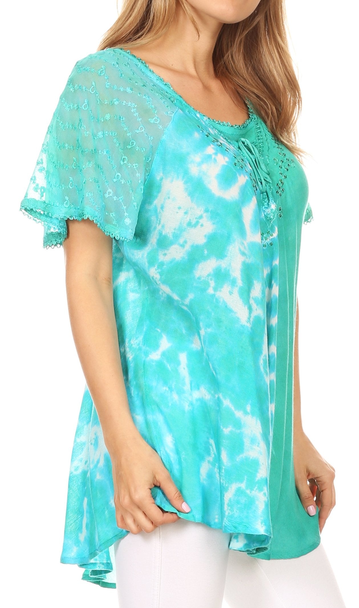 Sakkas Iris Womens Tie-dye Short Sleeve Blouse Top with Corset and Embroidery - Concordia Style Boutique
