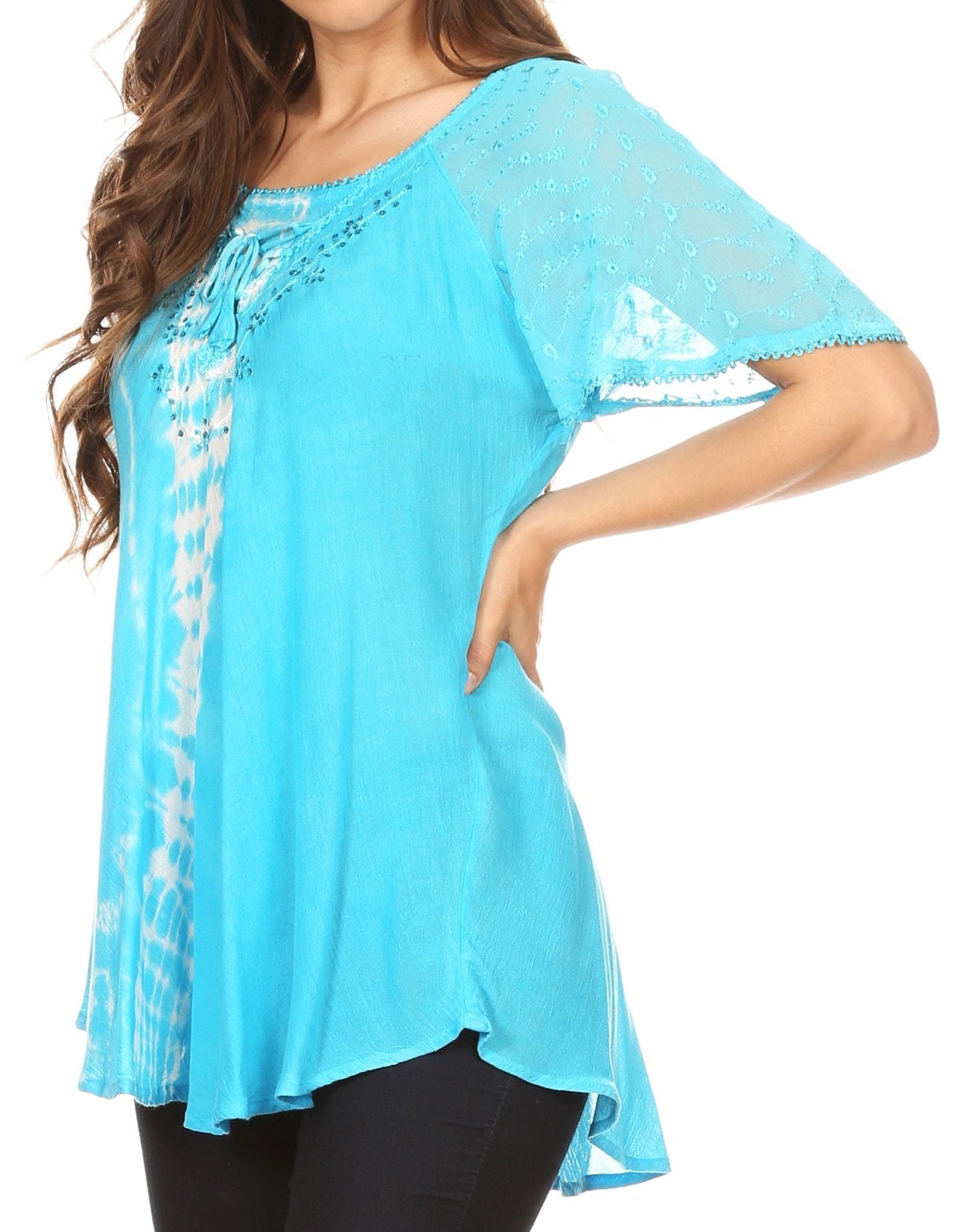 Sakkas Iris Womens Tie-dye Short Sleeve Blouse Top with Corset and Embroidery - Concordia Style Boutique