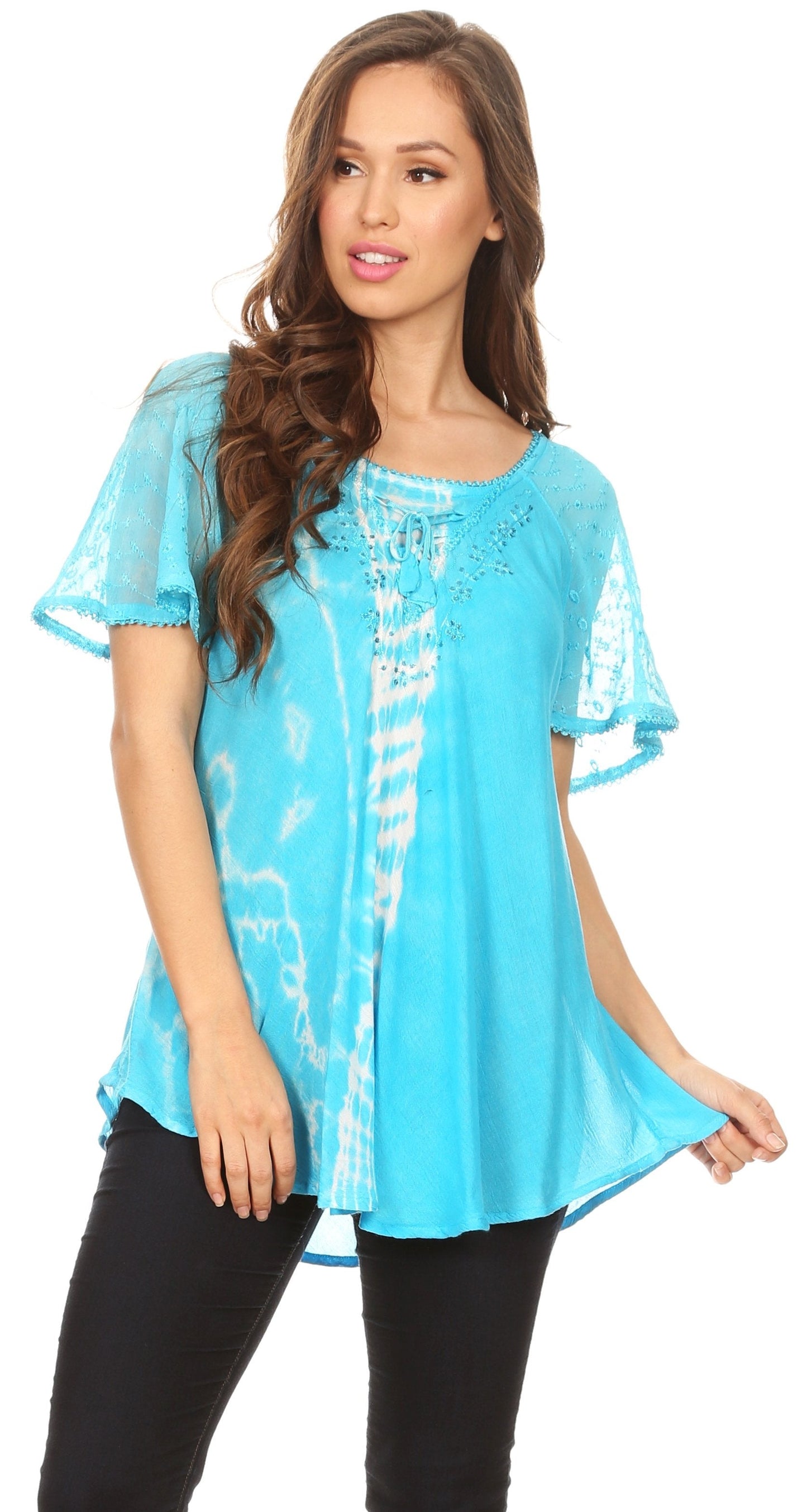 Sakkas Iris Womens Tie-dye Short Sleeve Blouse Top with Corset and Embroidery - Concordia Style Boutique