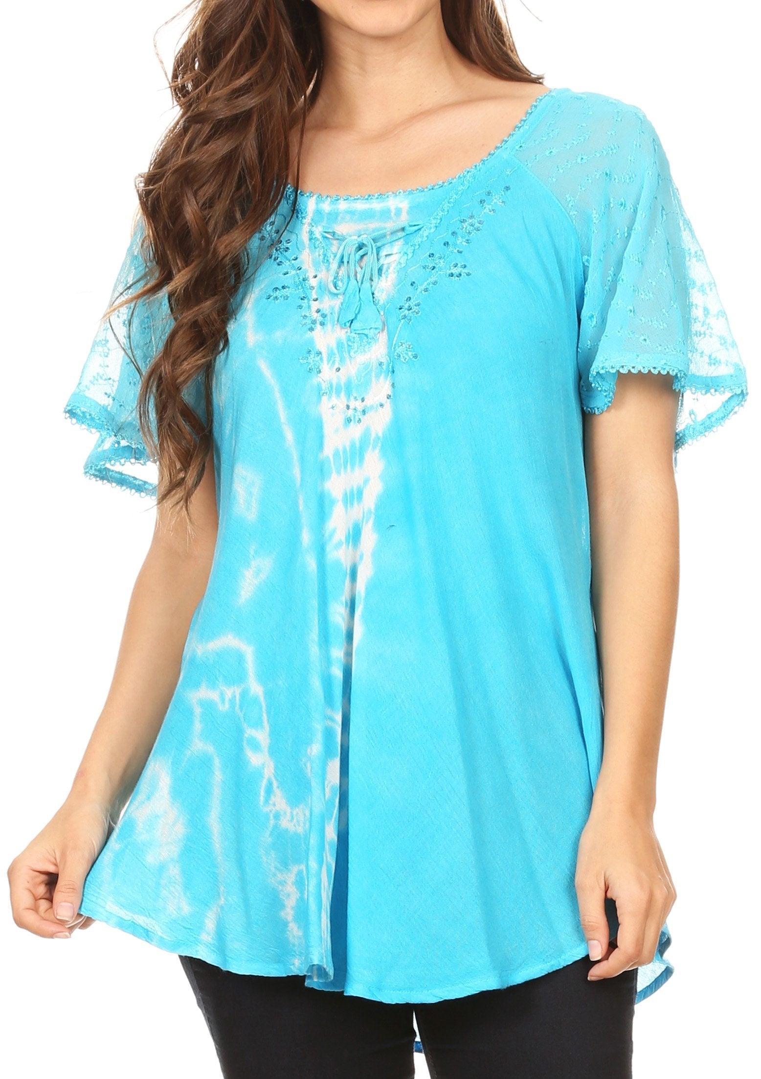 Sakkas Iris Womens Tie-dye Short Sleeve Blouse Top with Corset and Embroidery - Concordia Style Boutique