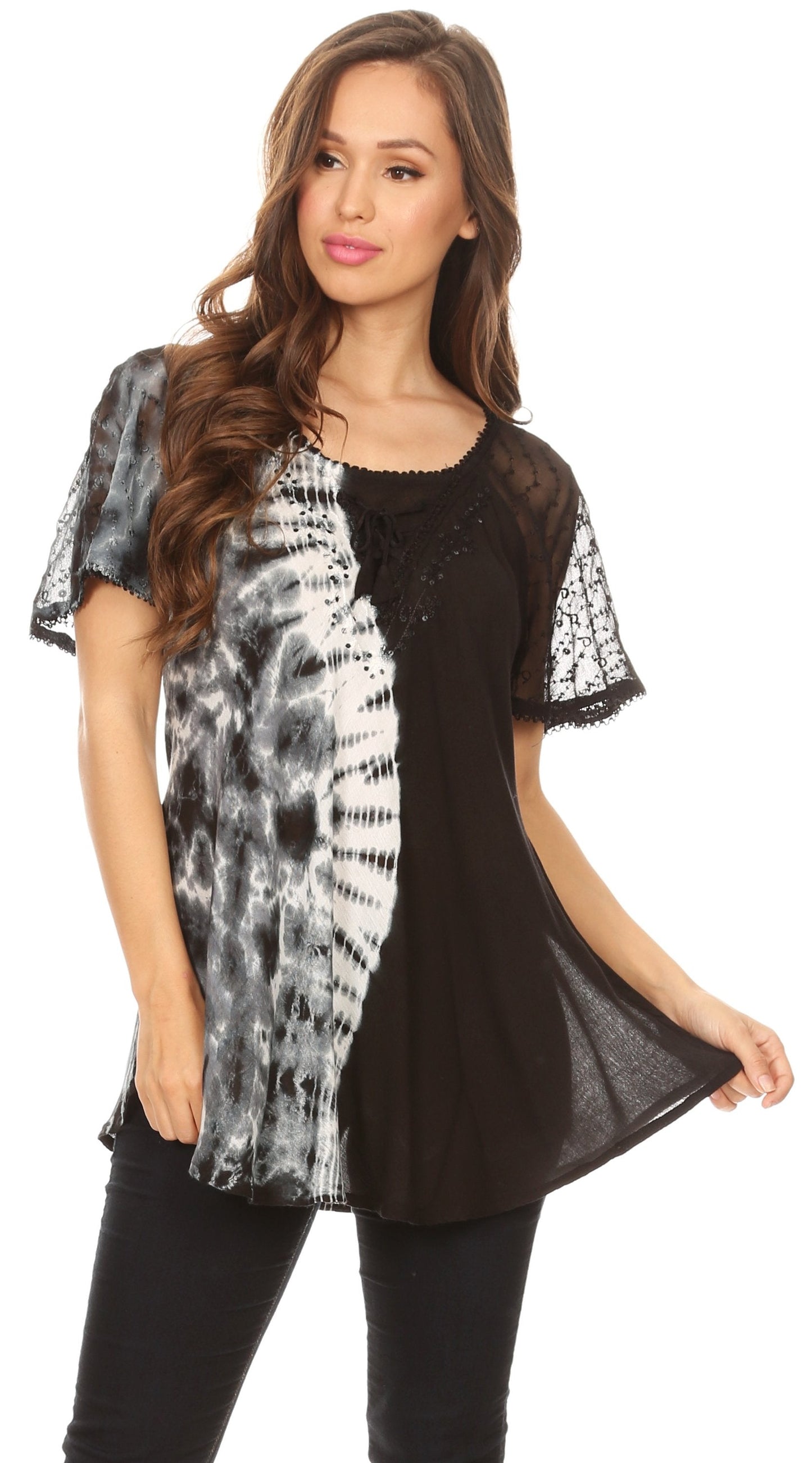 Sakkas Iris Womens Tie-dye Short Sleeve Blouse Top with Corset and Embroidery - Concordia Style Boutique