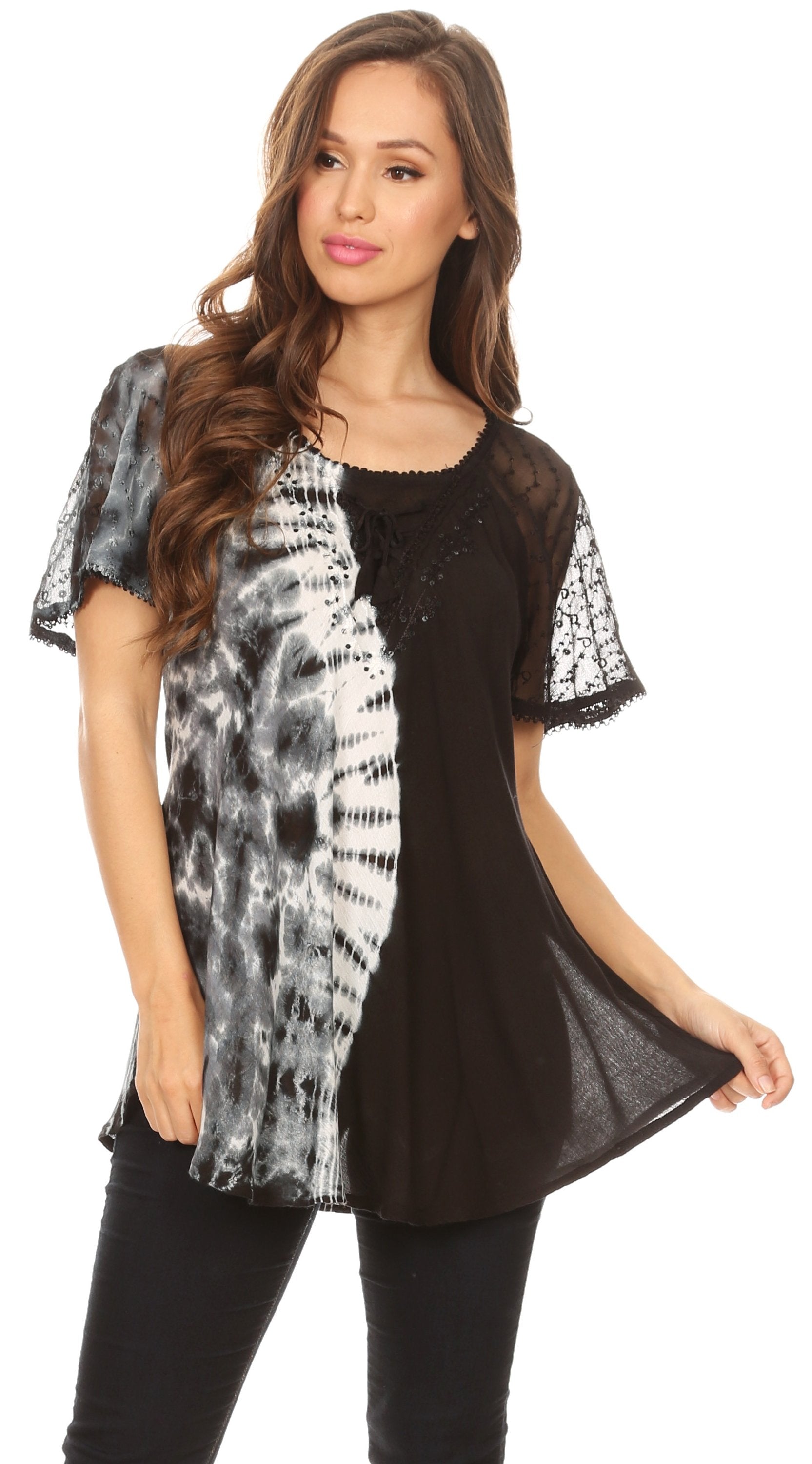 Sakkas Iris Womens Tie-dye Short Sleeve Blouse Top with Corset and Embroidery - Concordia Style Boutique