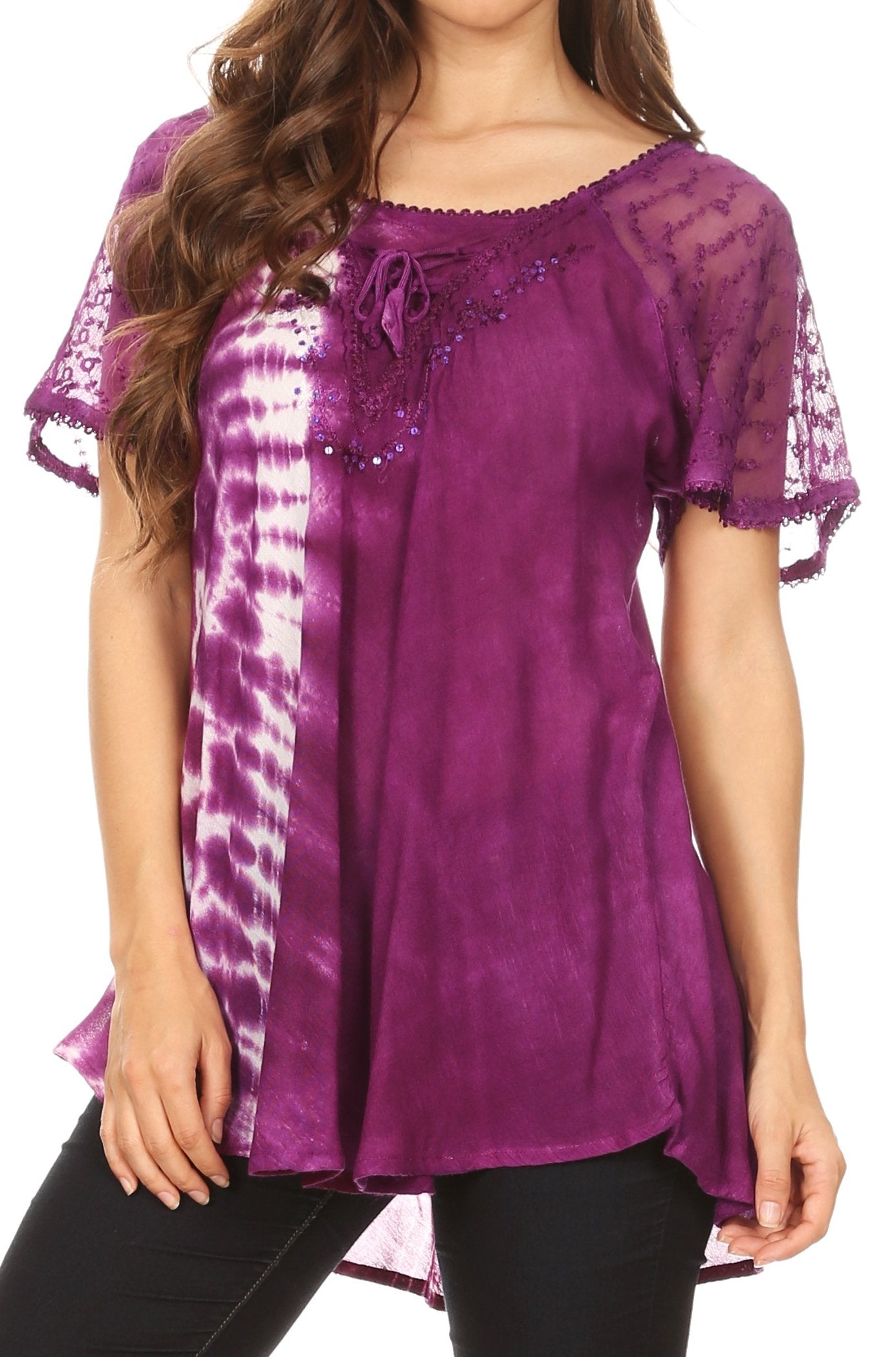 Sakkas Iris Womens Tie-dye Short Sleeve Blouse Top with Corset and Embroidery - Concordia Style Boutique