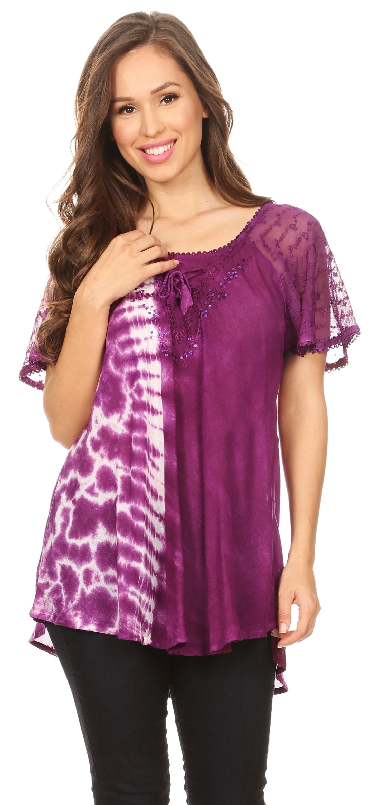 Sakkas Iris Womens Tie-dye Short Sleeve Blouse Top with Corset and Embroidery - Concordia Style Boutique