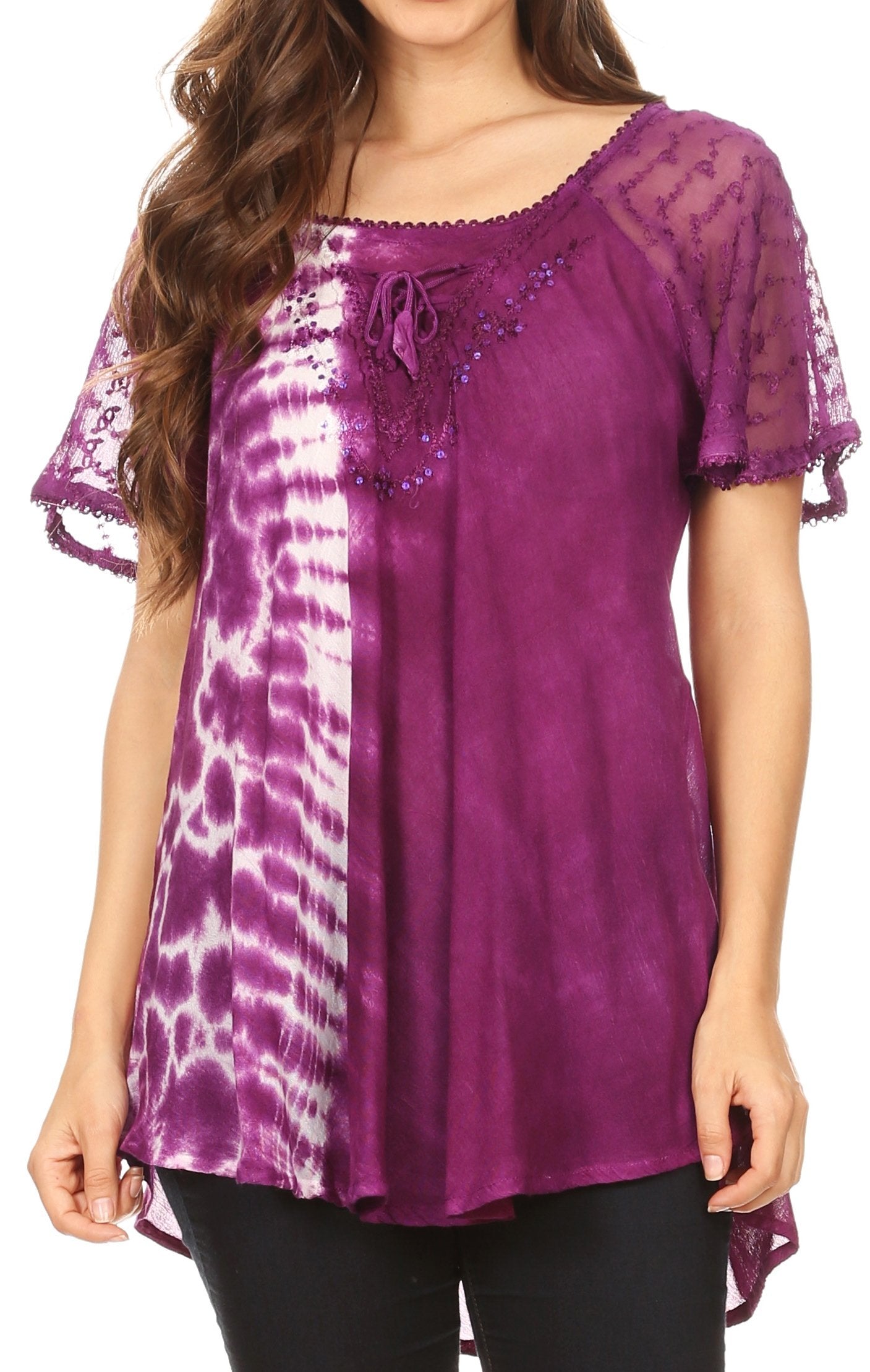 Sakkas Iris Womens Tie-dye Short Sleeve Blouse Top with Corset and Embroidery - Concordia Style Boutique