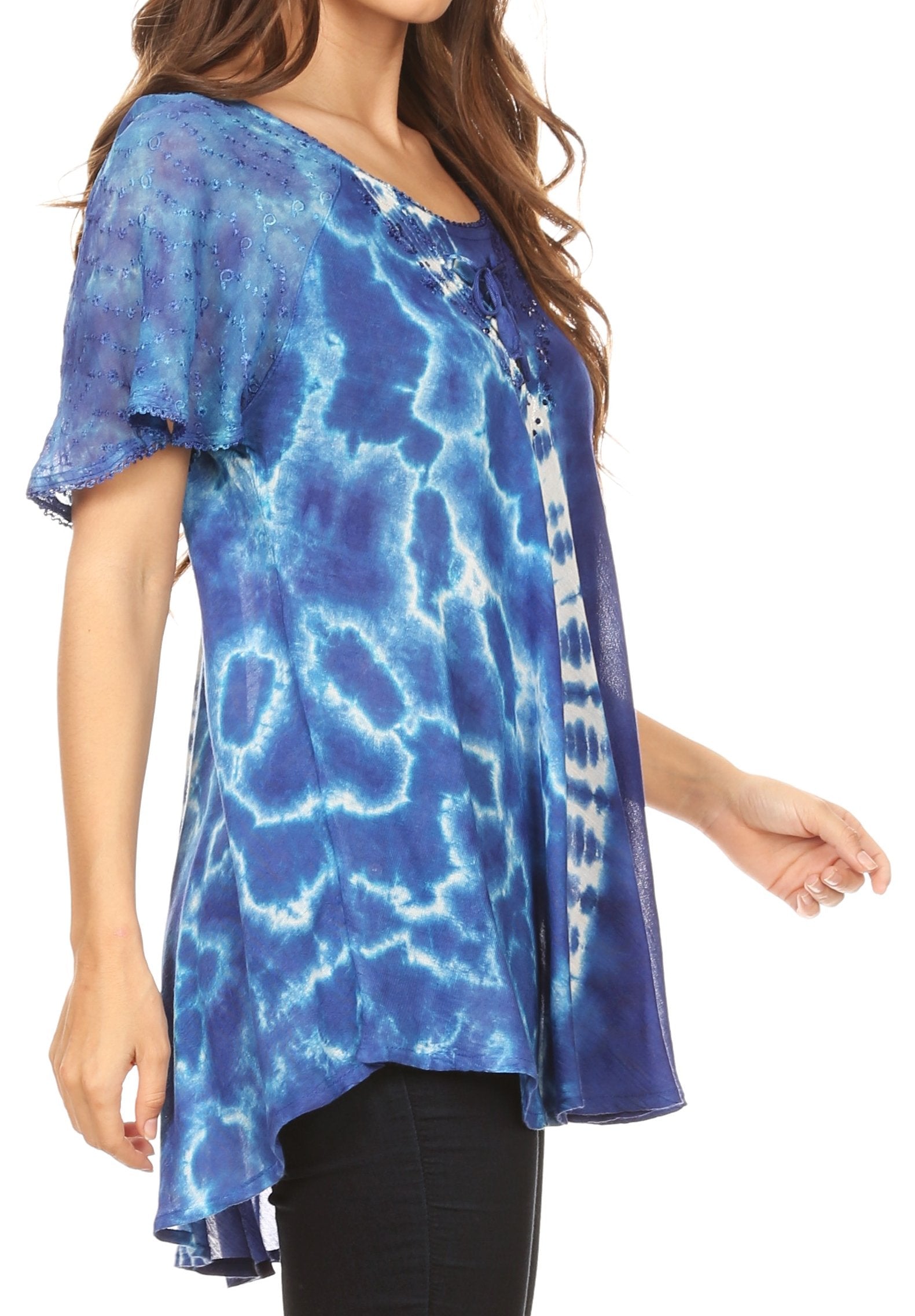 Sakkas Iris Womens Tie-dye Short Sleeve Blouse Top with Corset and Embroidery - Concordia Style Boutique