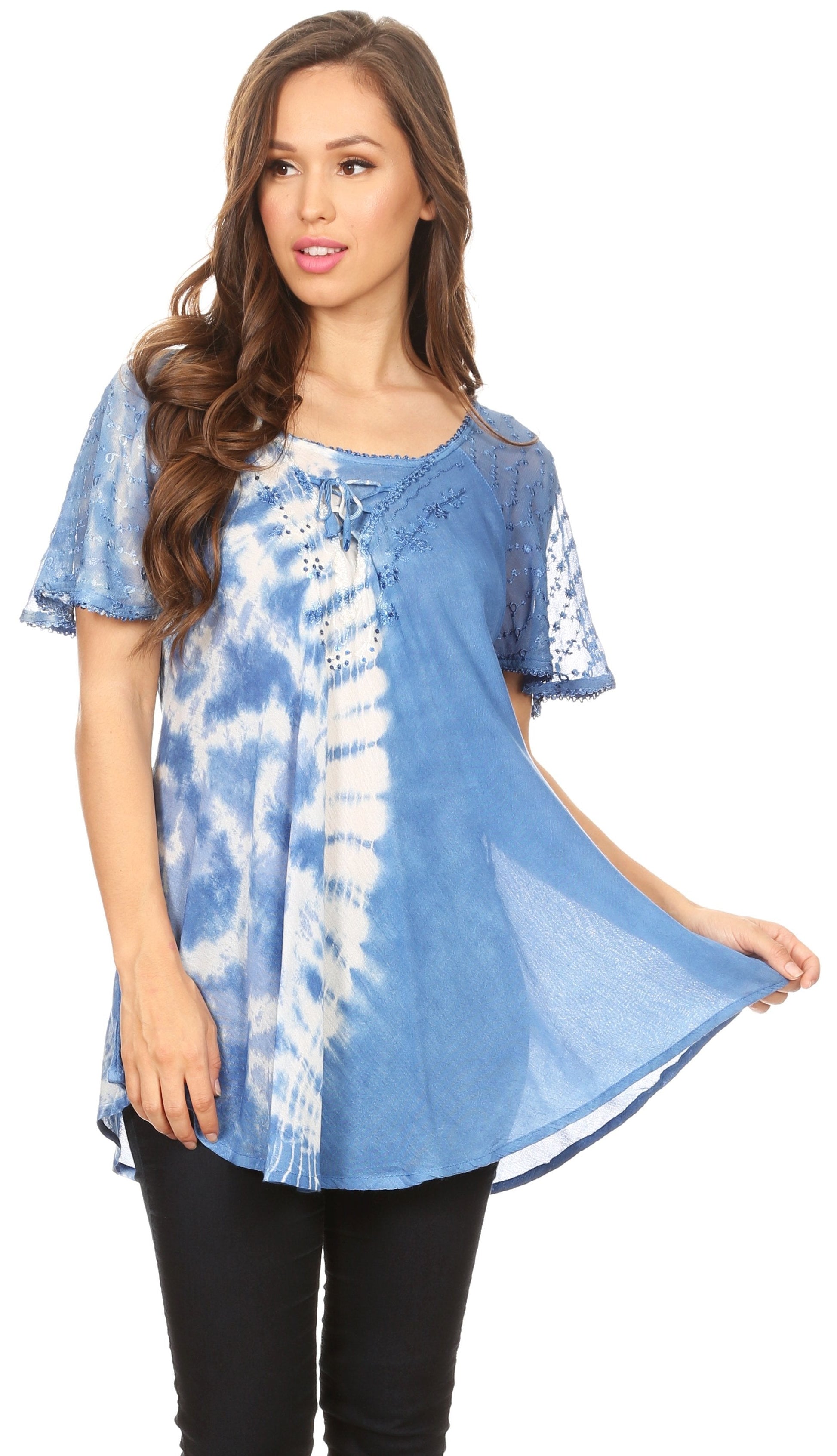 Sakkas Iris Womens Tie-dye Short Sleeve Blouse Top with Corset and Embroidery - Concordia Style Boutique