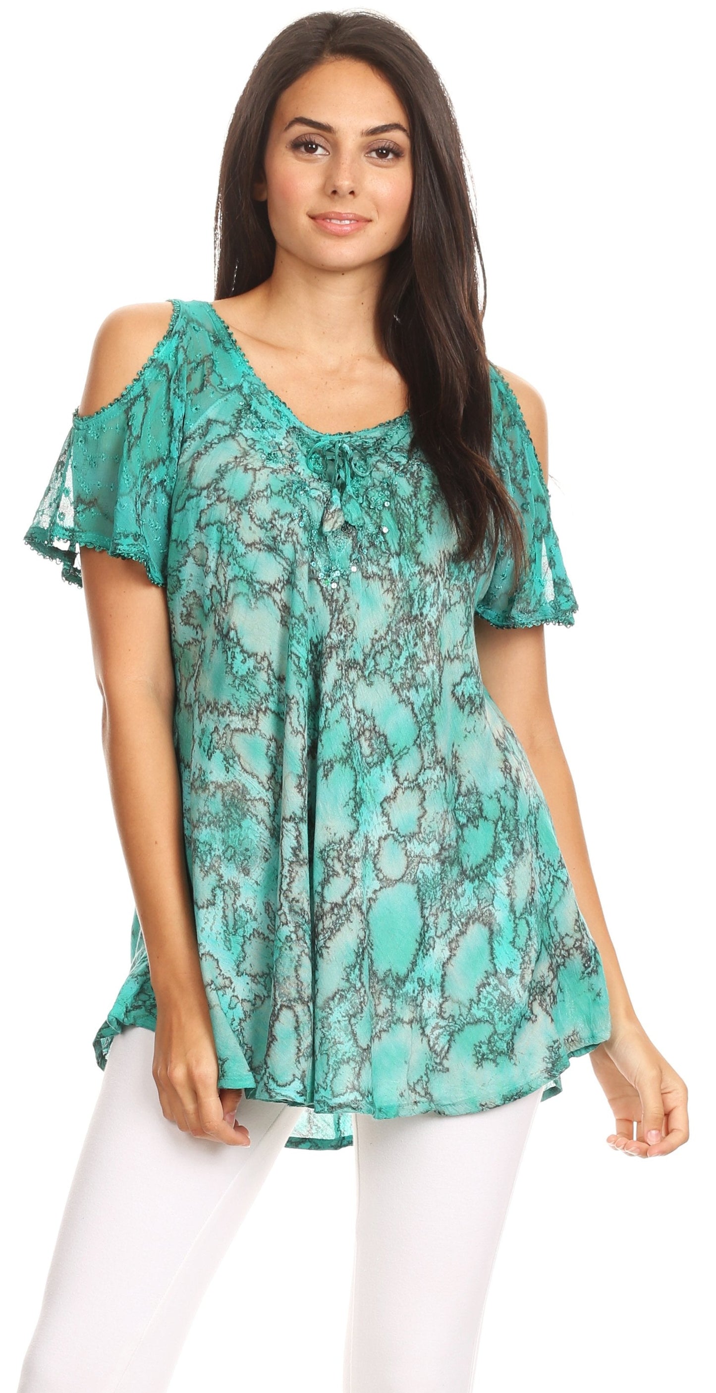 Sakkas Aziza Womens Cold Shoulder Tie-dye Blouse Top with Corset and Embroidery - Concordia Style Boutique