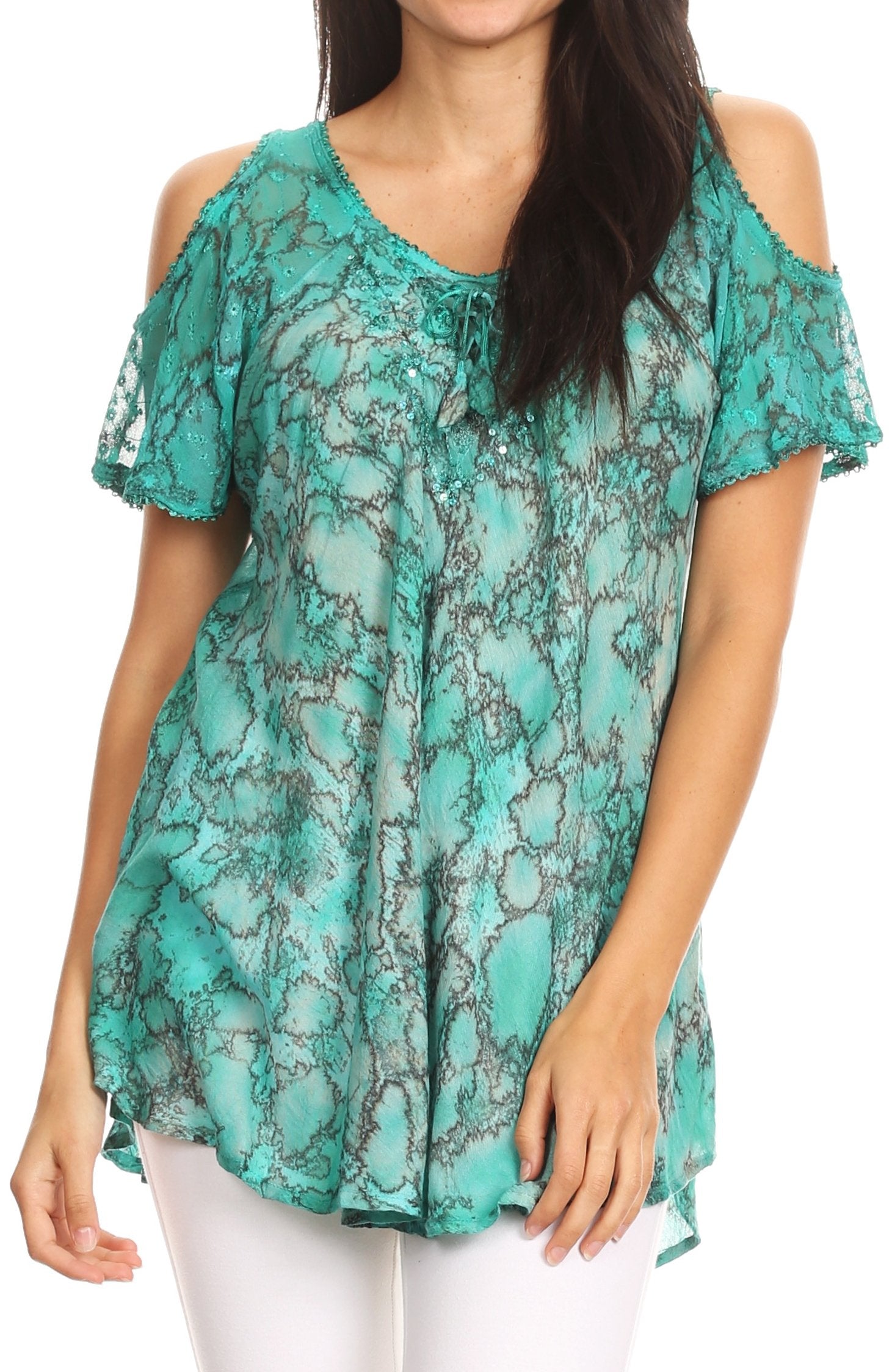 Sakkas Aziza Womens Cold Shoulder Tie-dye Blouse Top with Corset and Embroidery - Concordia Style Boutique