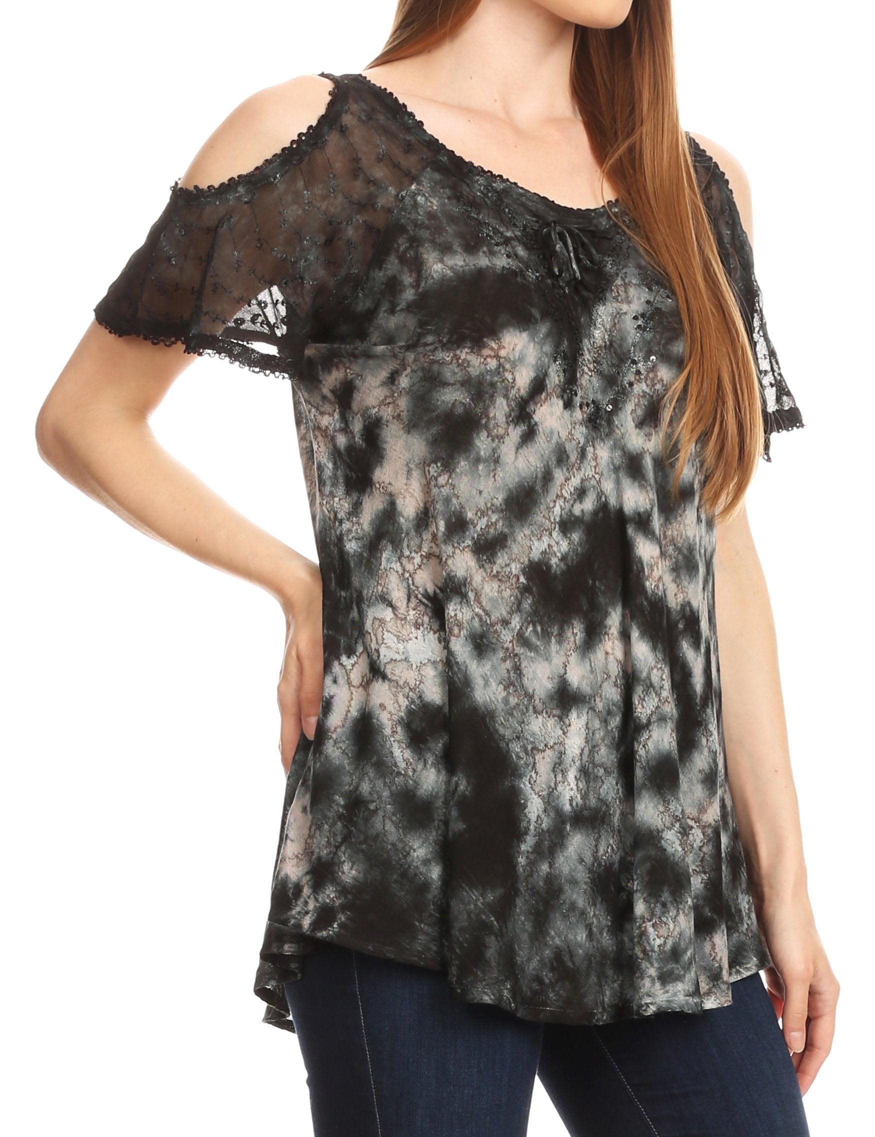 Sakkas Aziza Womens Cold Shoulder Tie-dye Blouse Top with Corset and Embroidery - Concordia Style Boutique