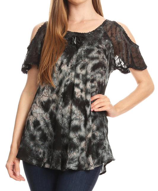 Sakkas Aziza Womens Cold Shoulder Tie-dye Blouse Top with Corset and Embroidery - Concordia Style Boutique