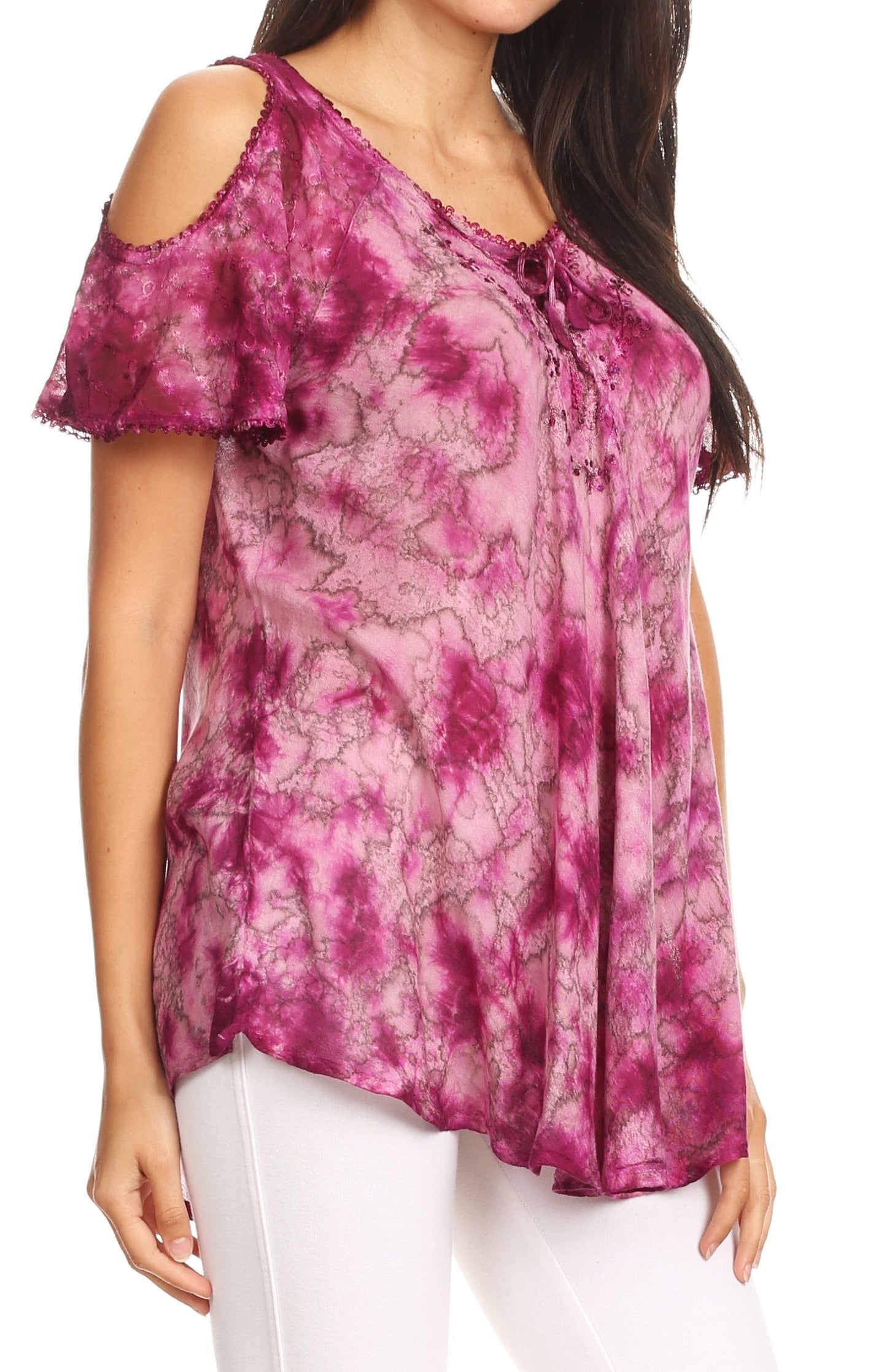 Sakkas Aziza Womens Cold Shoulder Tie-dye Blouse Top with Corset and Embroidery - Concordia Style Boutique
