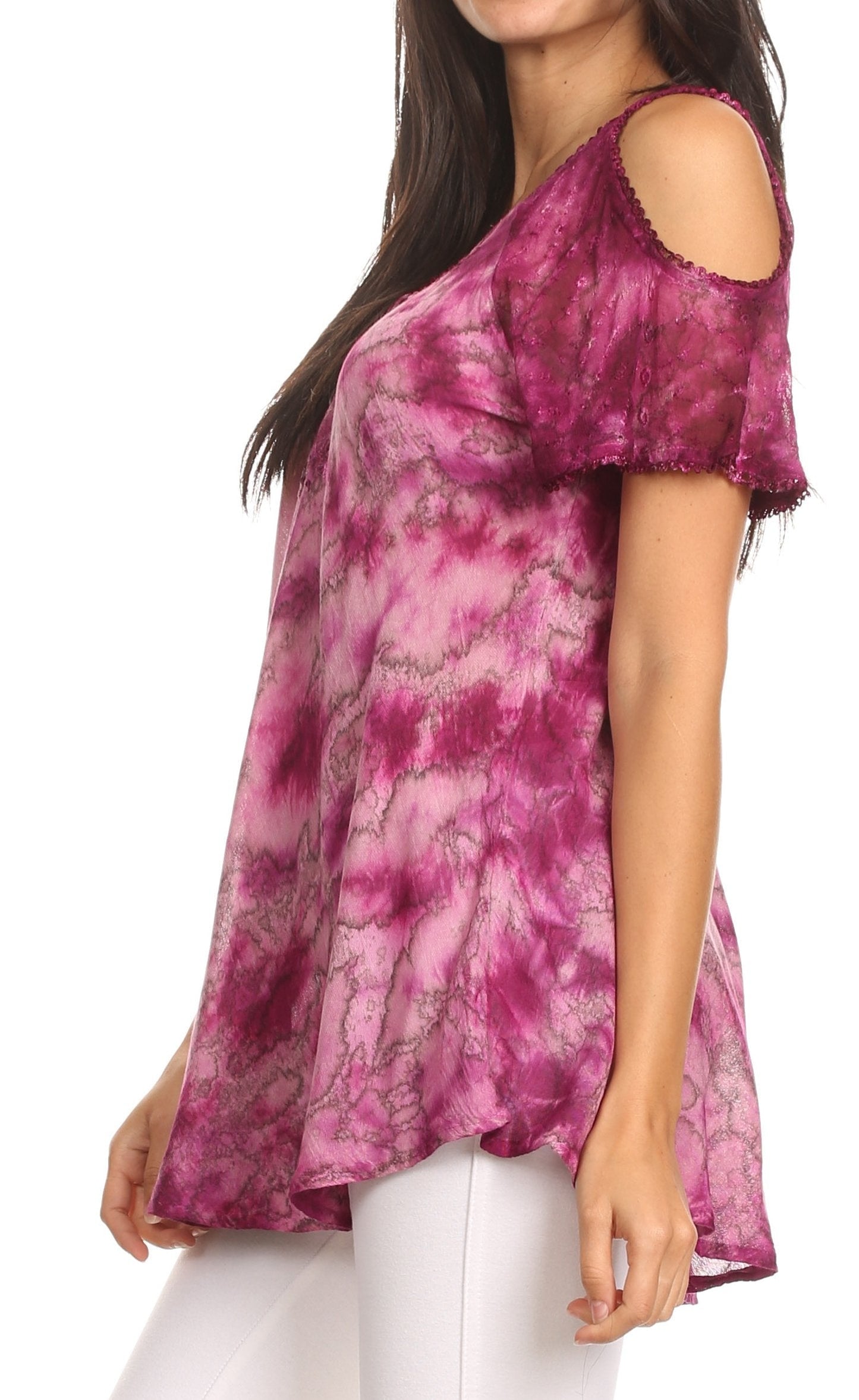 Sakkas Aziza Womens Cold Shoulder Tie-dye Blouse Top with Corset and Embroidery - Concordia Style Boutique