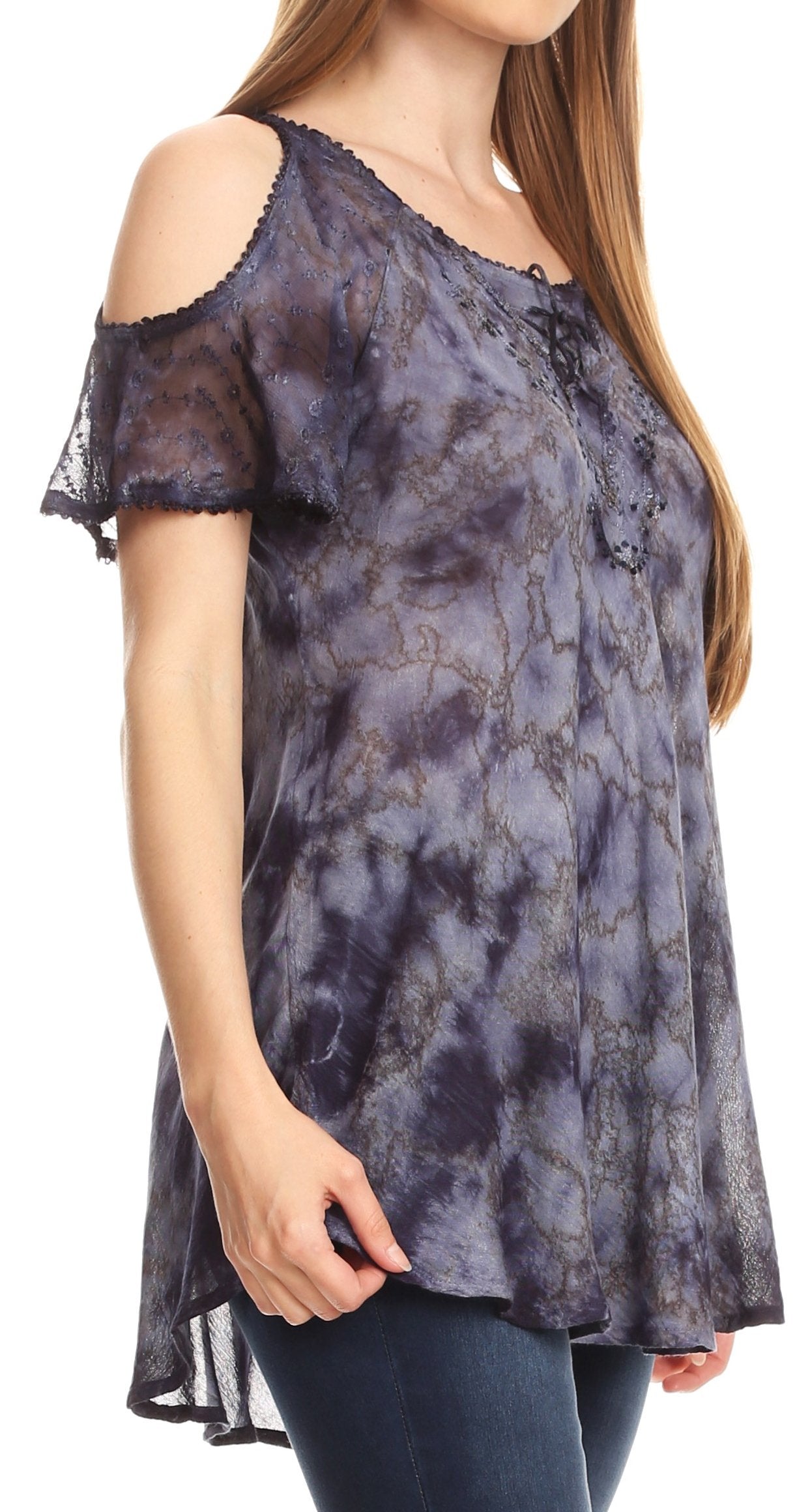 Sakkas Aziza Womens Cold Shoulder Tie-dye Blouse Top with Corset and Embroidery - Concordia Style Boutique