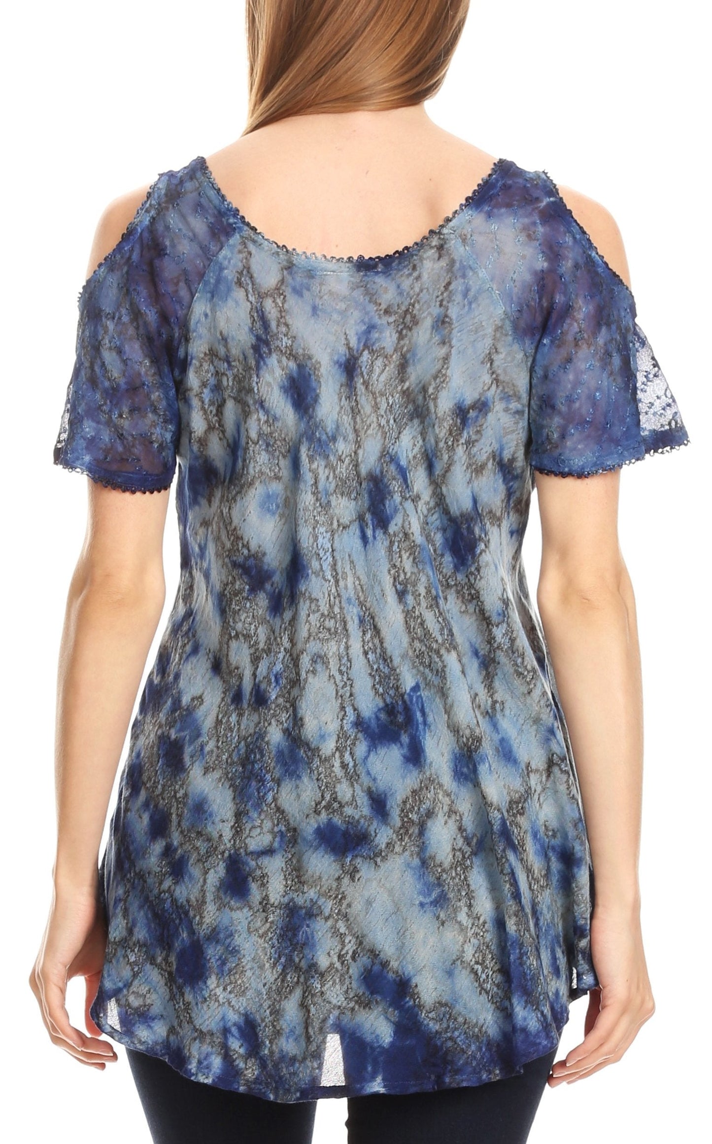 Sakkas Aziza Womens Cold Shoulder Tie-dye Blouse Top with Corset and Embroidery - Concordia Style Boutique
