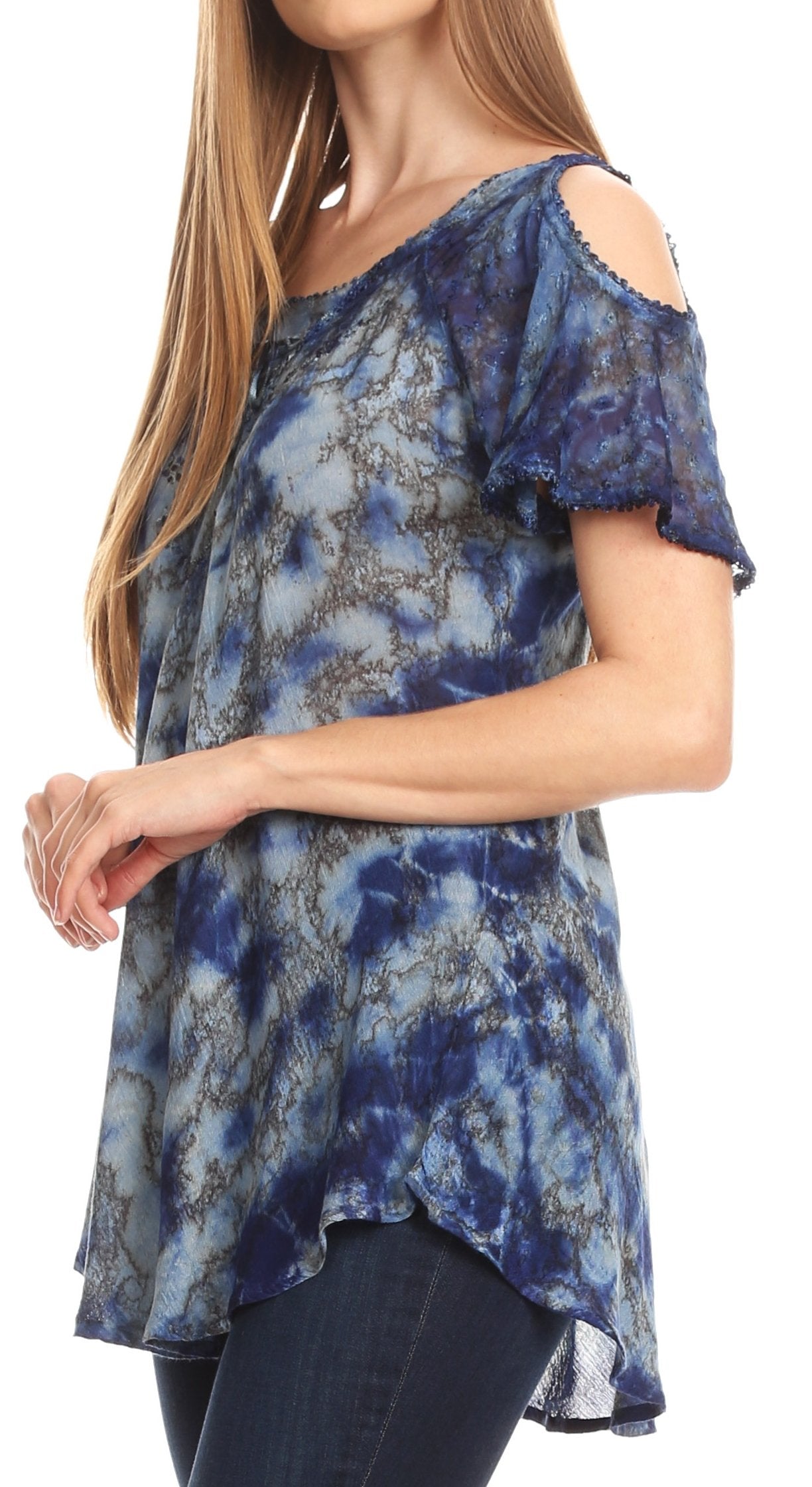 Sakkas Aziza Womens Cold Shoulder Tie-dye Blouse Top with Corset and Embroidery - Concordia Style Boutique