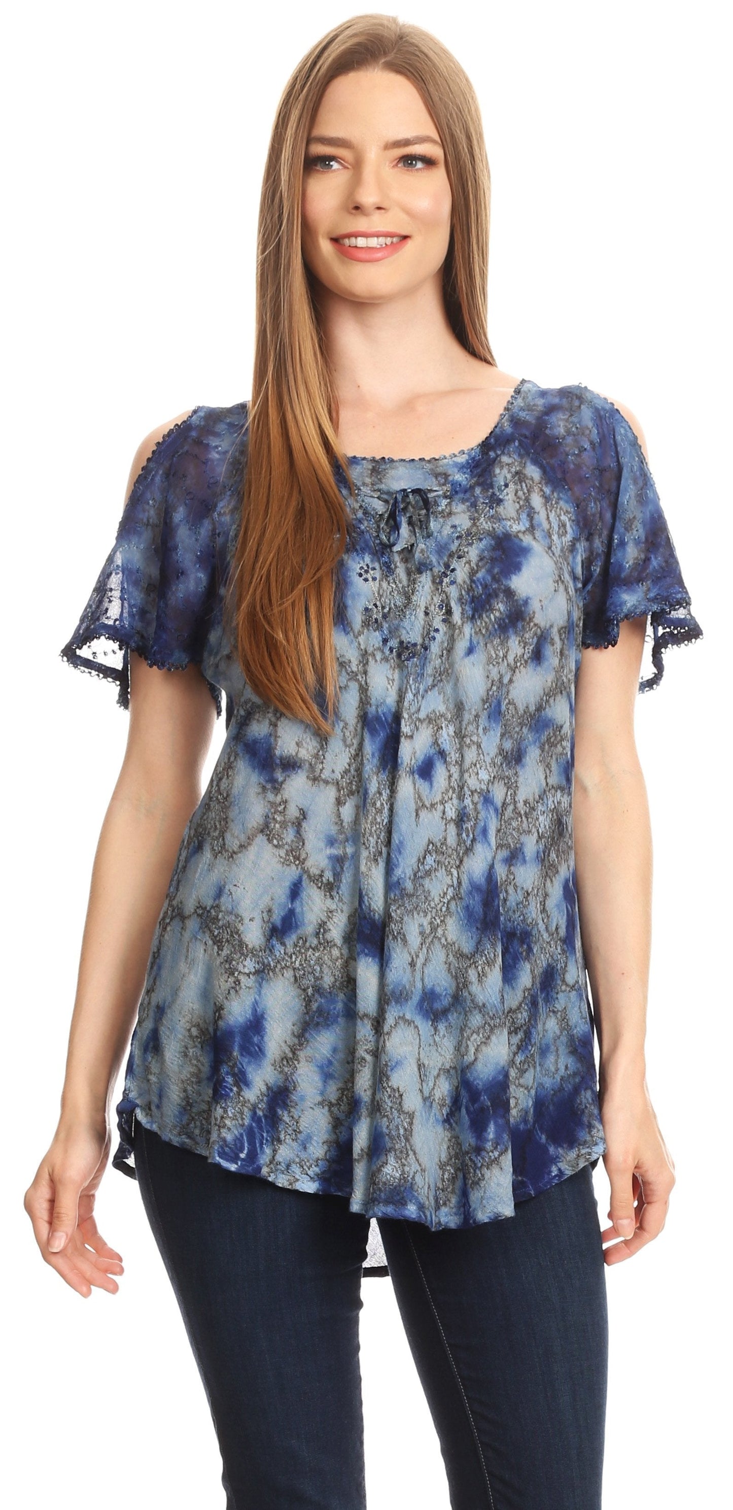 Sakkas Aziza Womens Cold Shoulder Tie-dye Blouse Top with Corset and Embroidery - Concordia Style Boutique