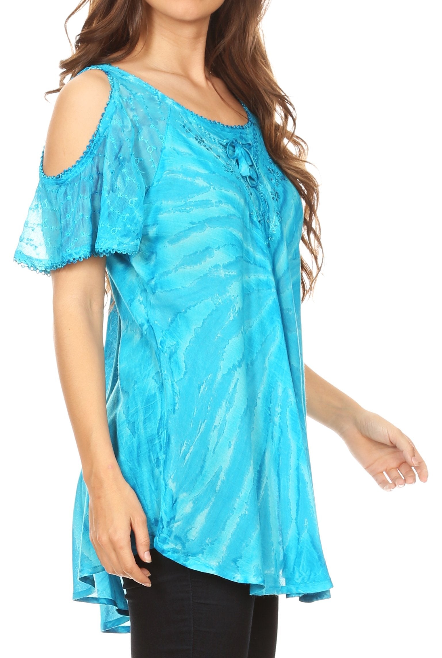 Sakkas Filipa Womens Cold Shoulder Top Blouse Tie-dye with Corset and Embroidery - Concordia Style Boutique
