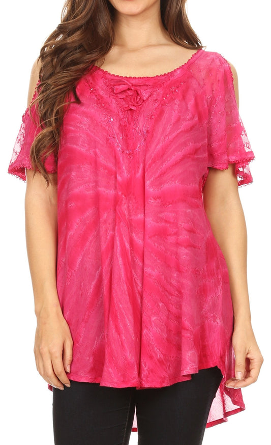 Sakkas Filipa Womens Cold Shoulder Top Blouse Tie-dye with Corset and Embroidery - Concordia Style Boutique