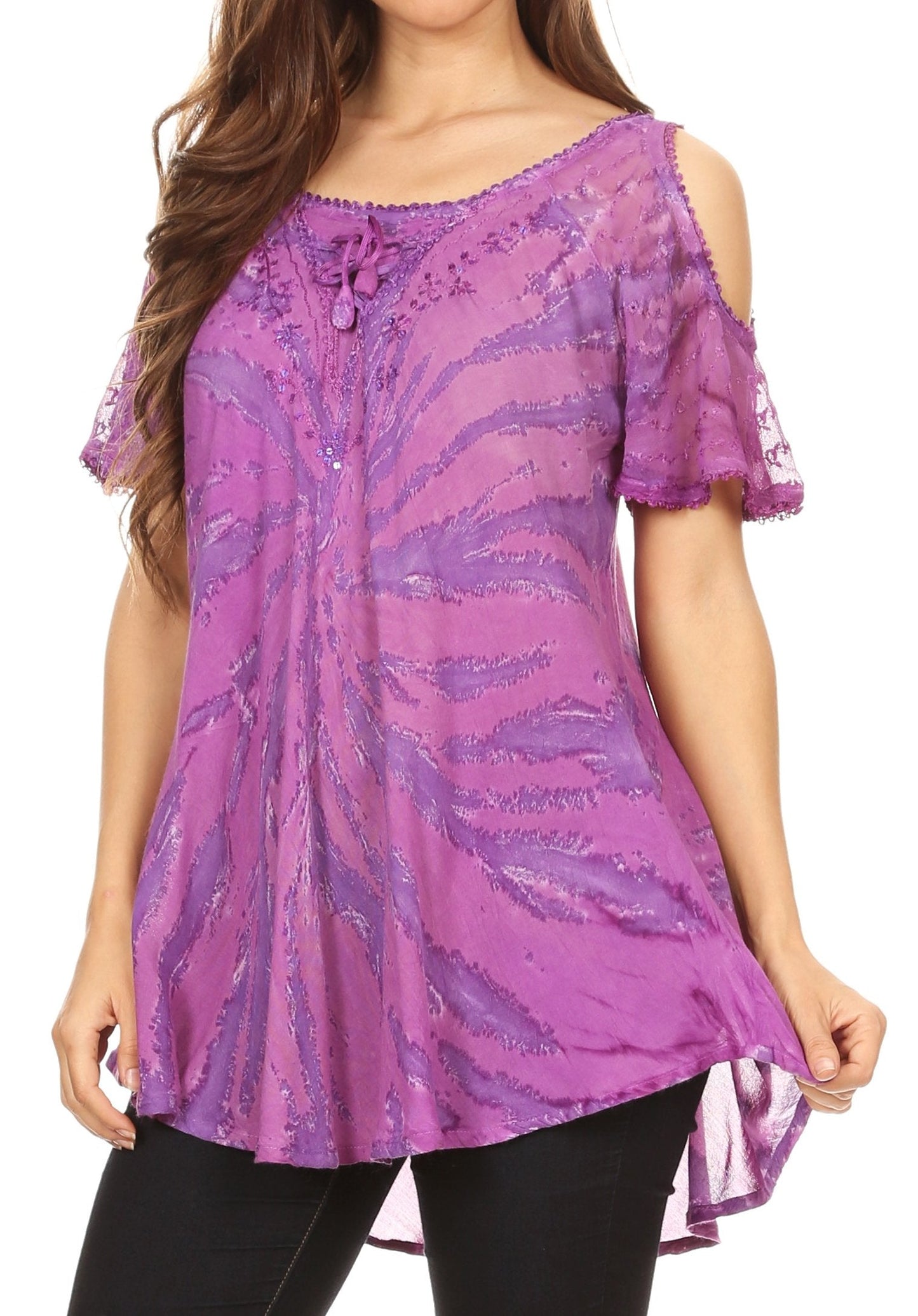 Sakkas Filipa Womens Cold Shoulder Top Blouse Tie-dye with Corset and Embroidery - Concordia Style Boutique