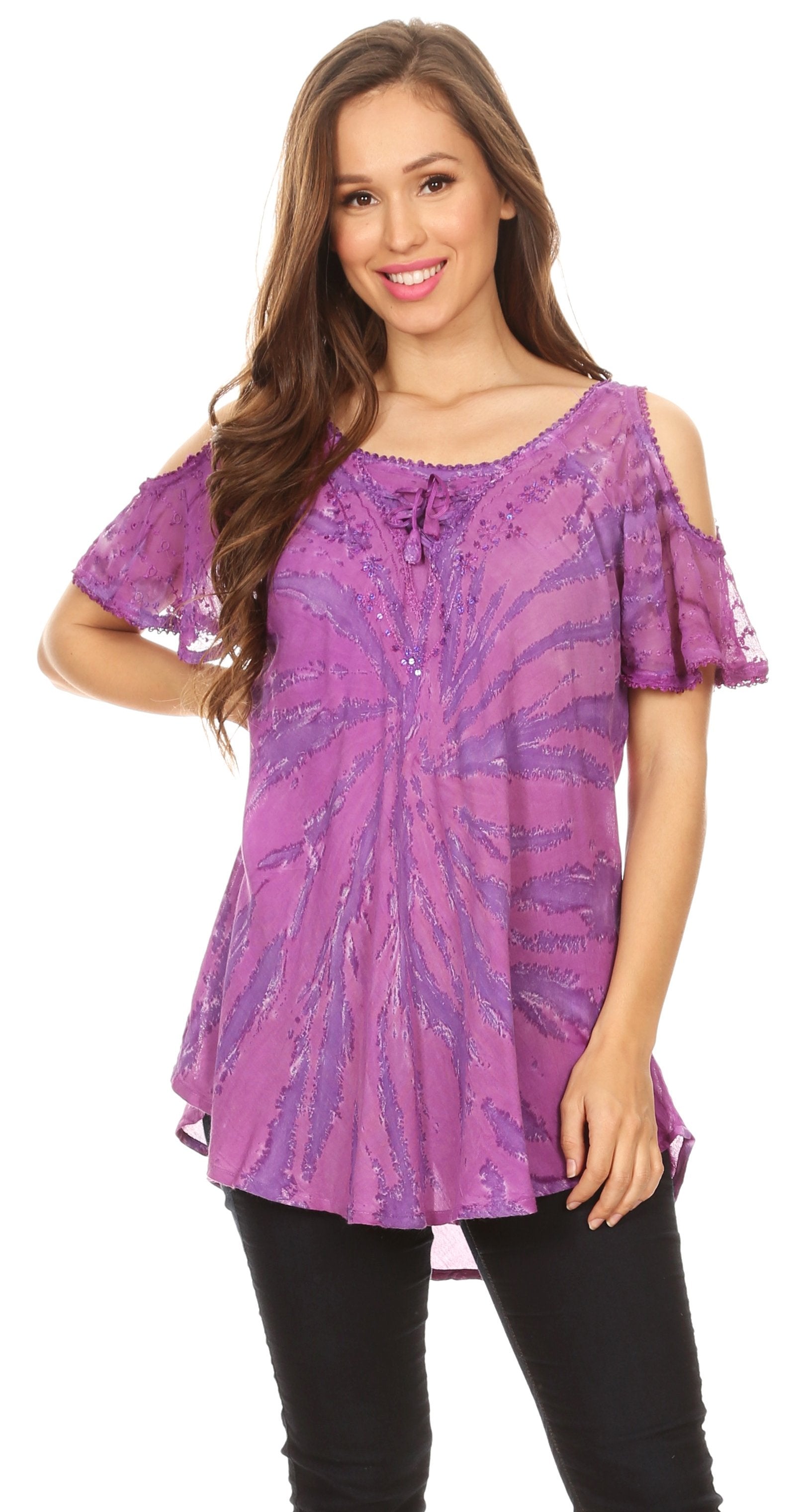 Sakkas Filipa Womens Cold Shoulder Top Blouse Tie-dye with Corset and Embroidery - Concordia Style Boutique