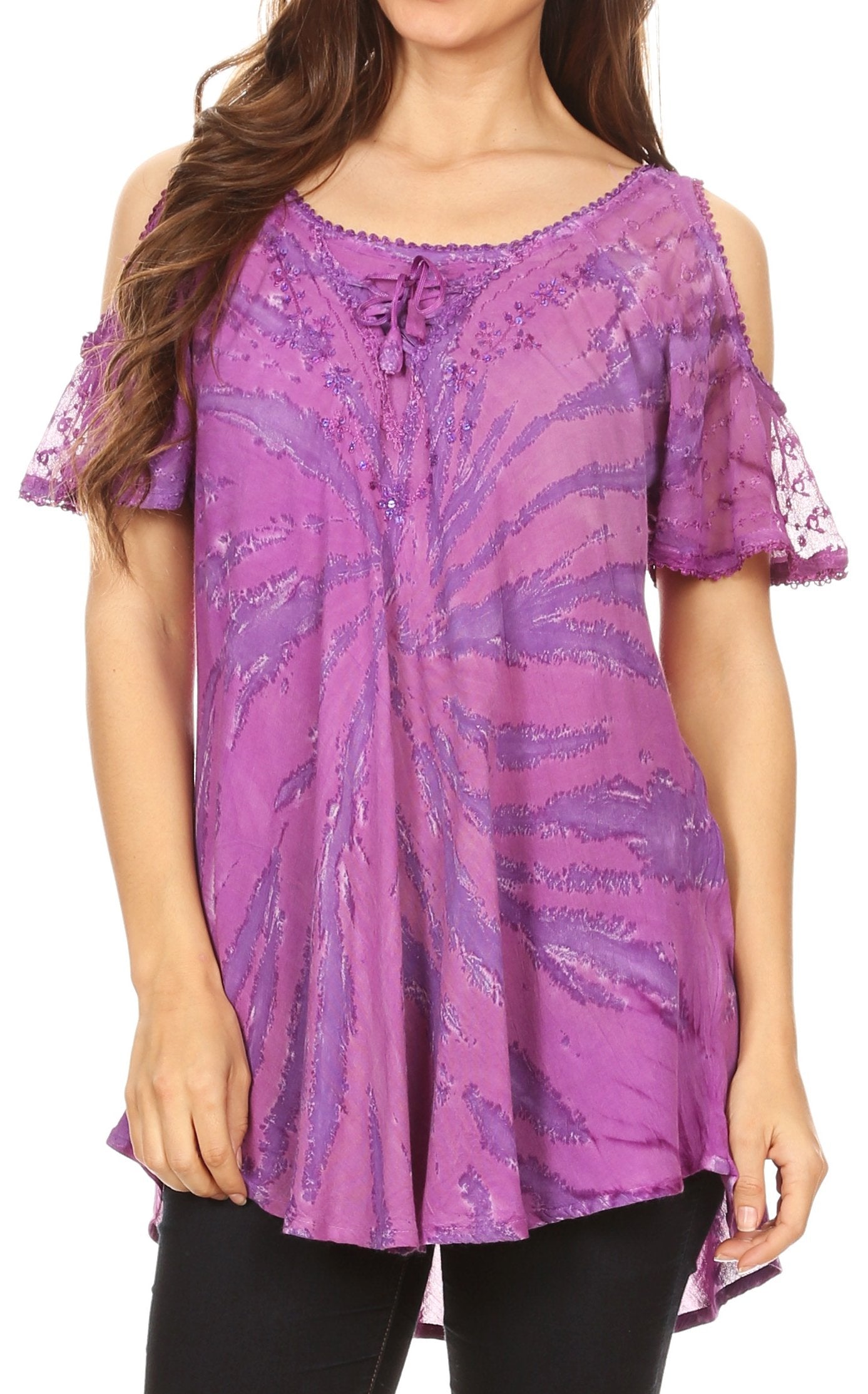Sakkas Filipa Womens Cold Shoulder Top Blouse Tie-dye with Corset and Embroidery - Concordia Style Boutique