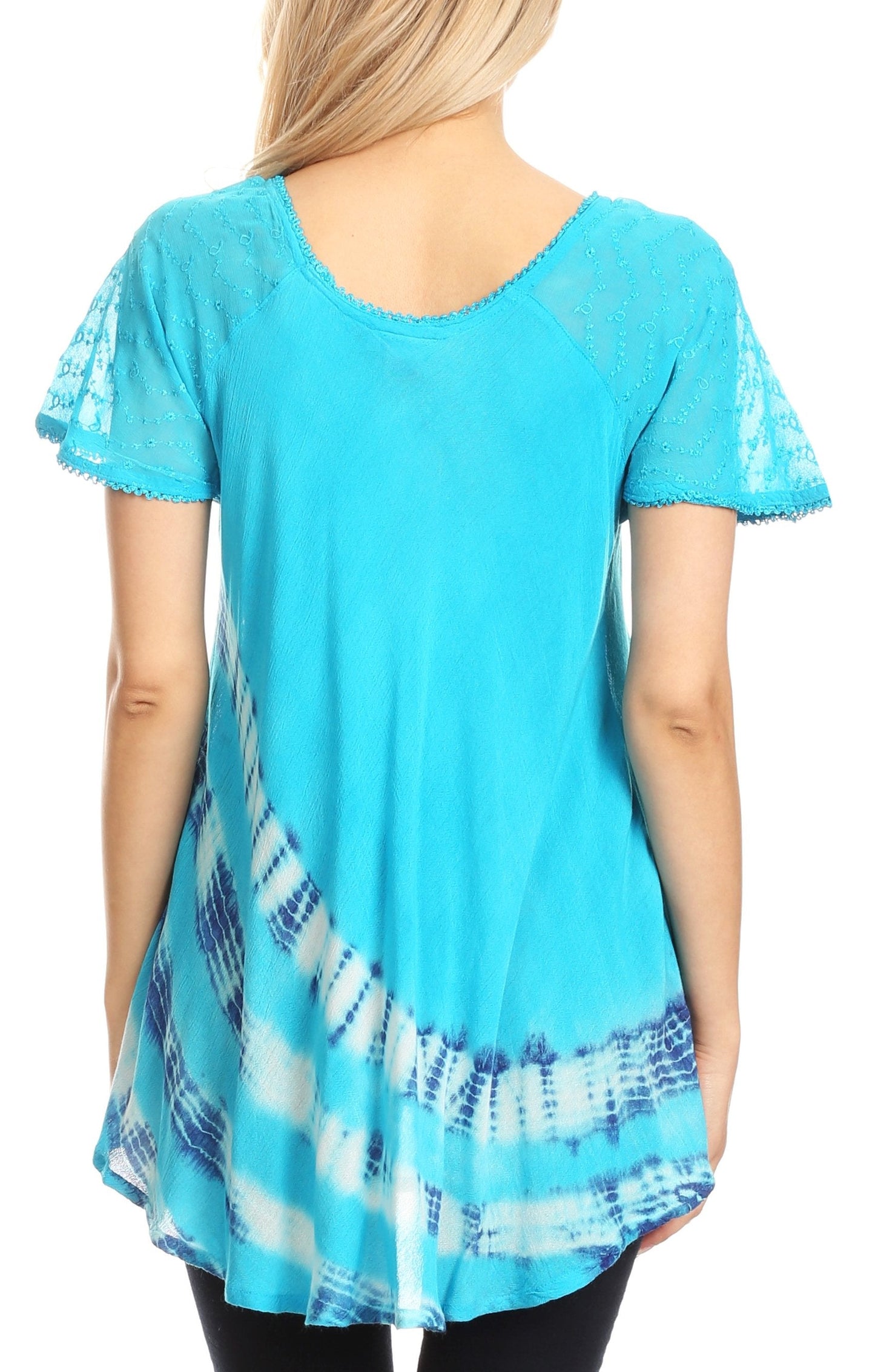 Sakkas Lulu Short Sleeve Summer Casual Fresh Blouse Top Lace Tie-dye & Corset - Concordia Style Boutique